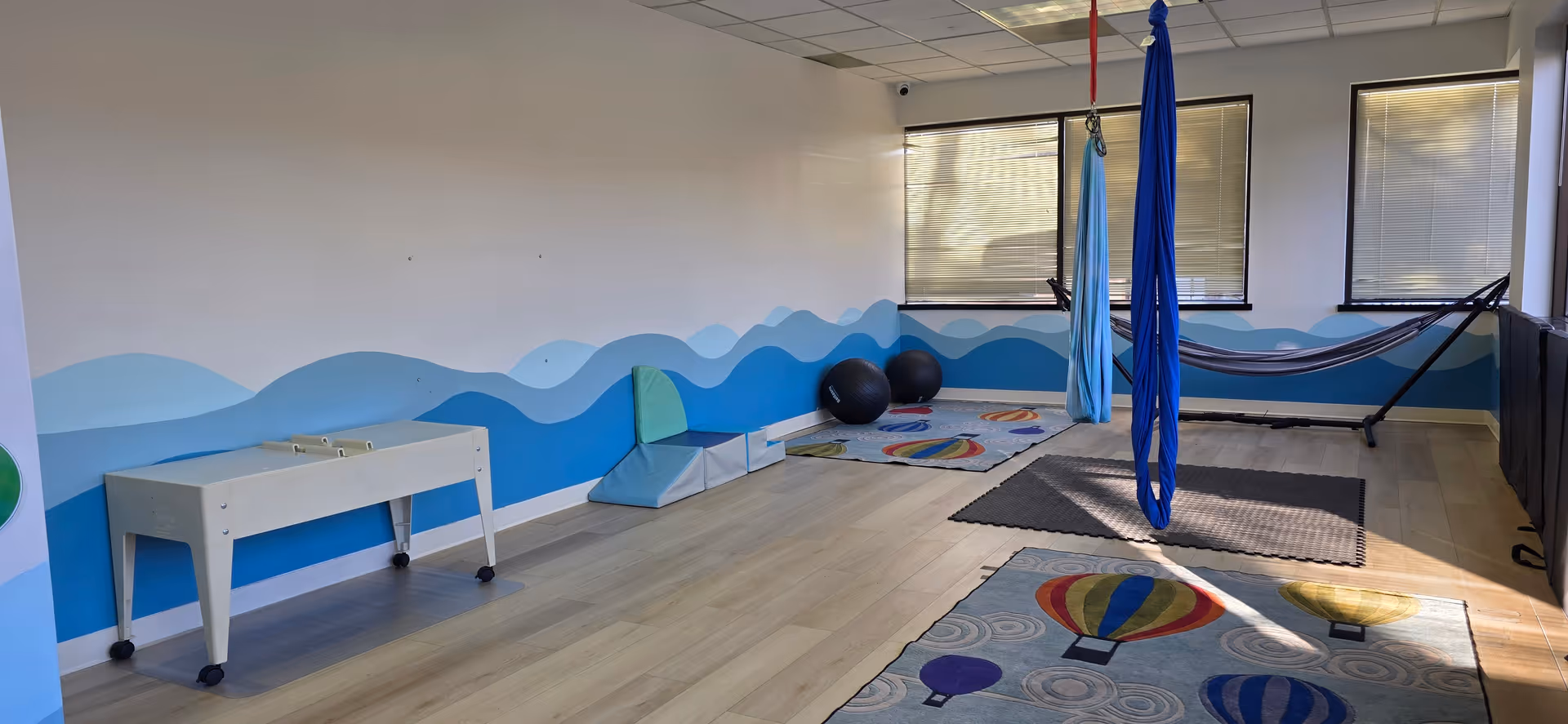 Indoors therapy room with mats, aerial straps, and wave-pattern mural along wall.