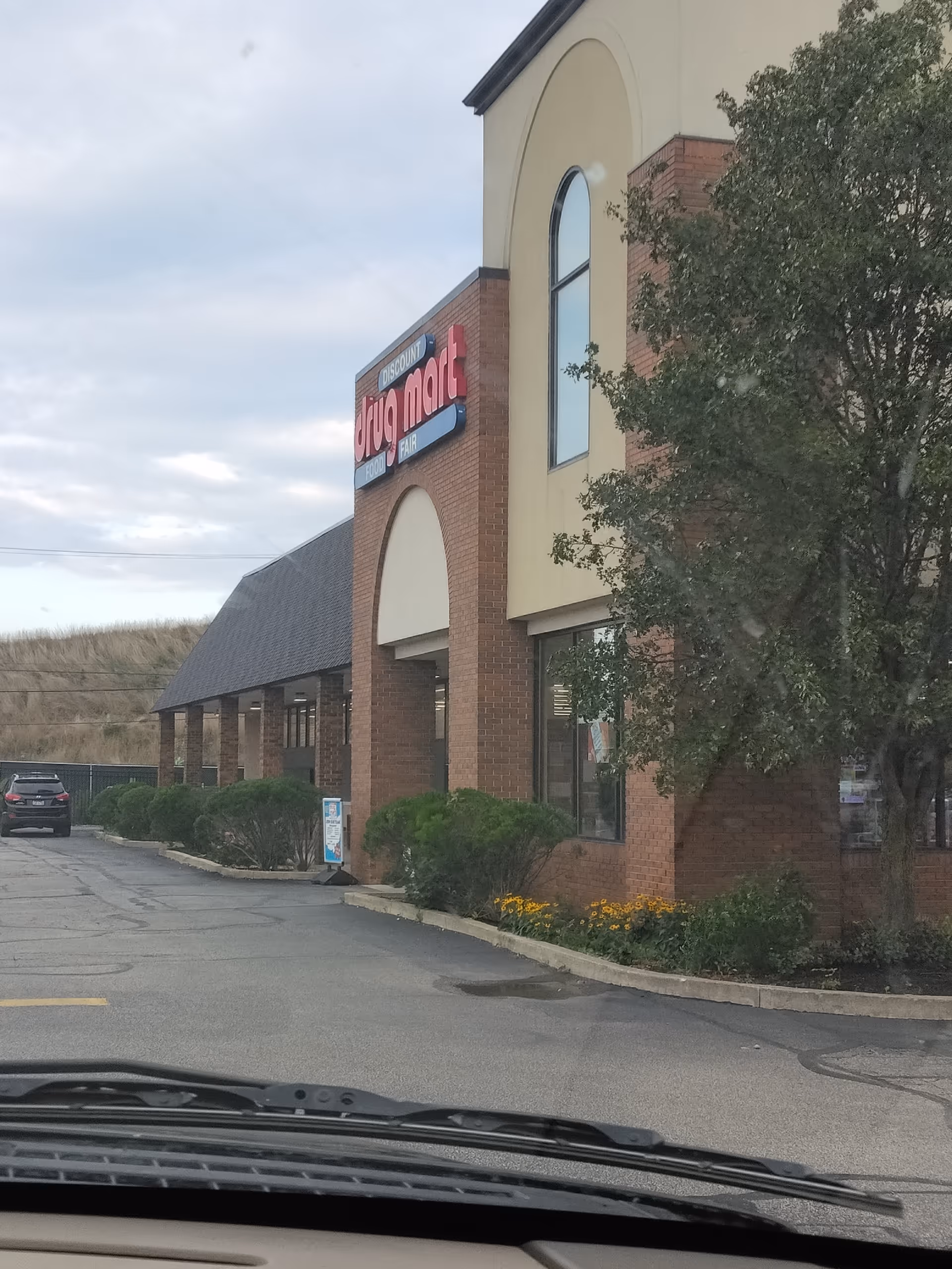 Front exterior view of Discount Drug Mart storefront with brick facade and landscaping.