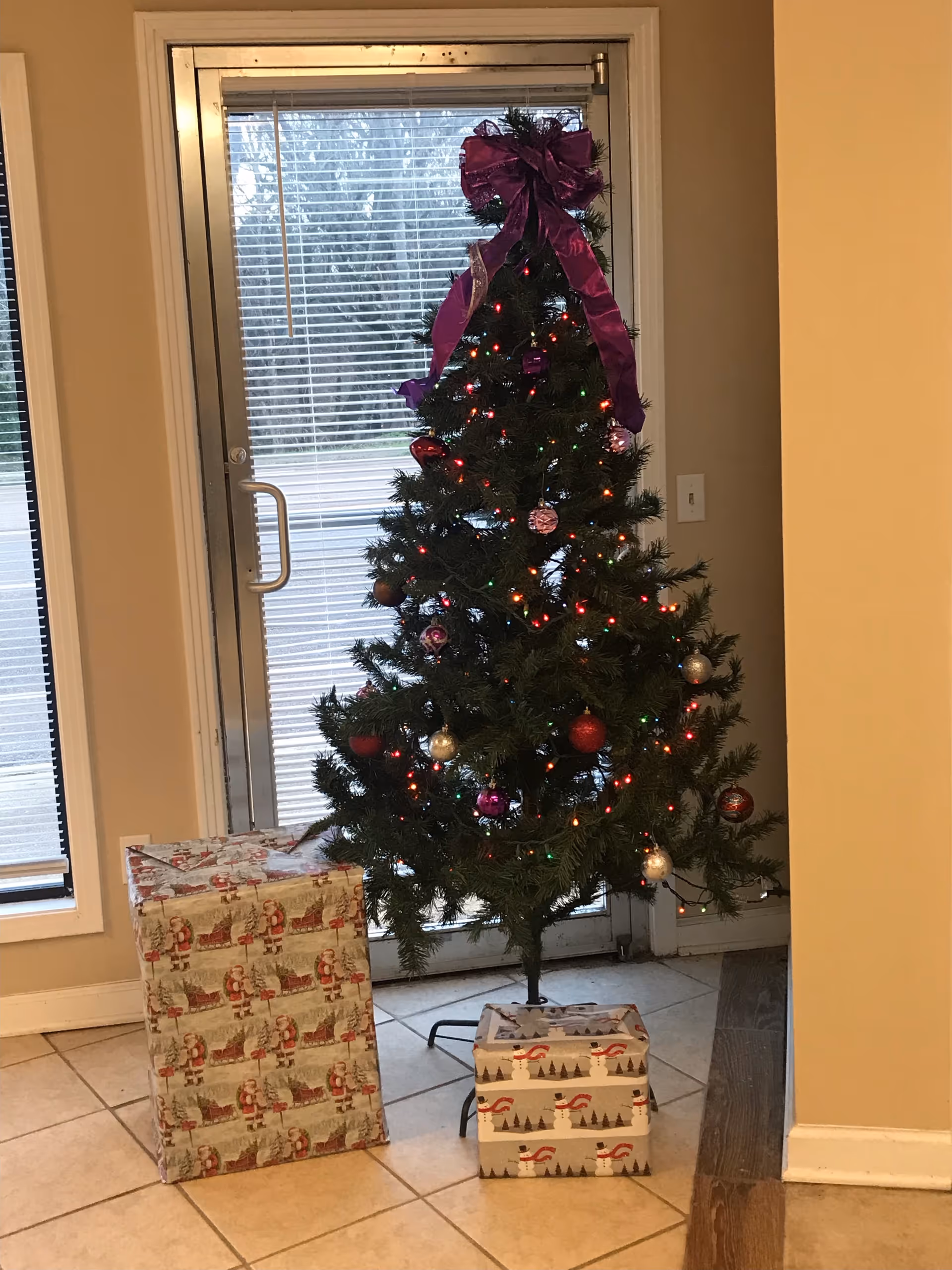 Indoor entrance area featuring a decorated Christmas tree and wrapped presents near a glass door.