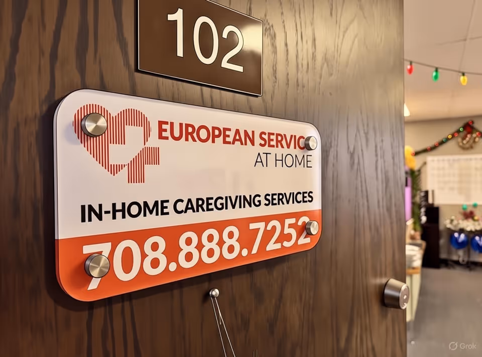 Door with European Service At Home sign and room 102 plaque in a hallway.