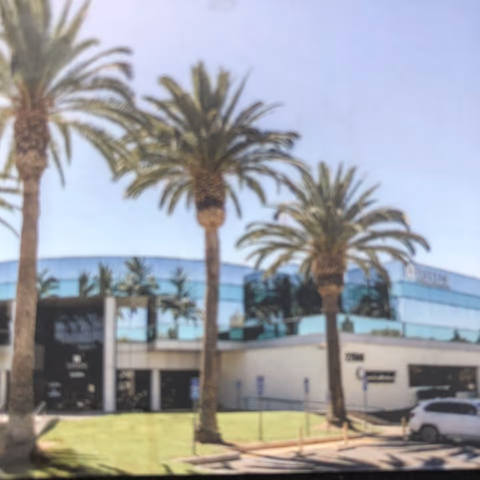 Front exterior of Harmony Home Care building with tall palm trees and glass façade.