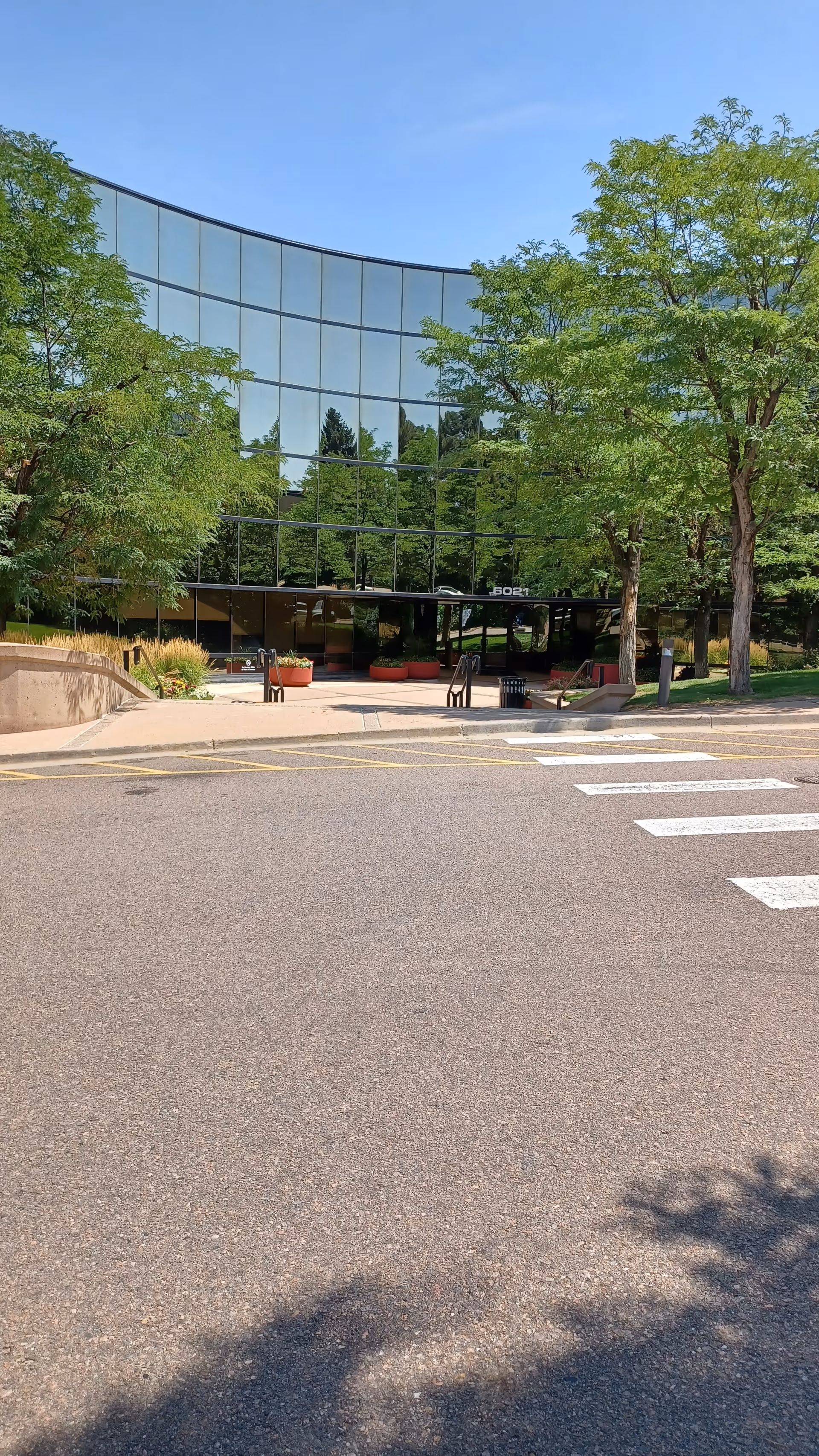 Glass-front building entrance with trees, planters, and a crosswalk in view.