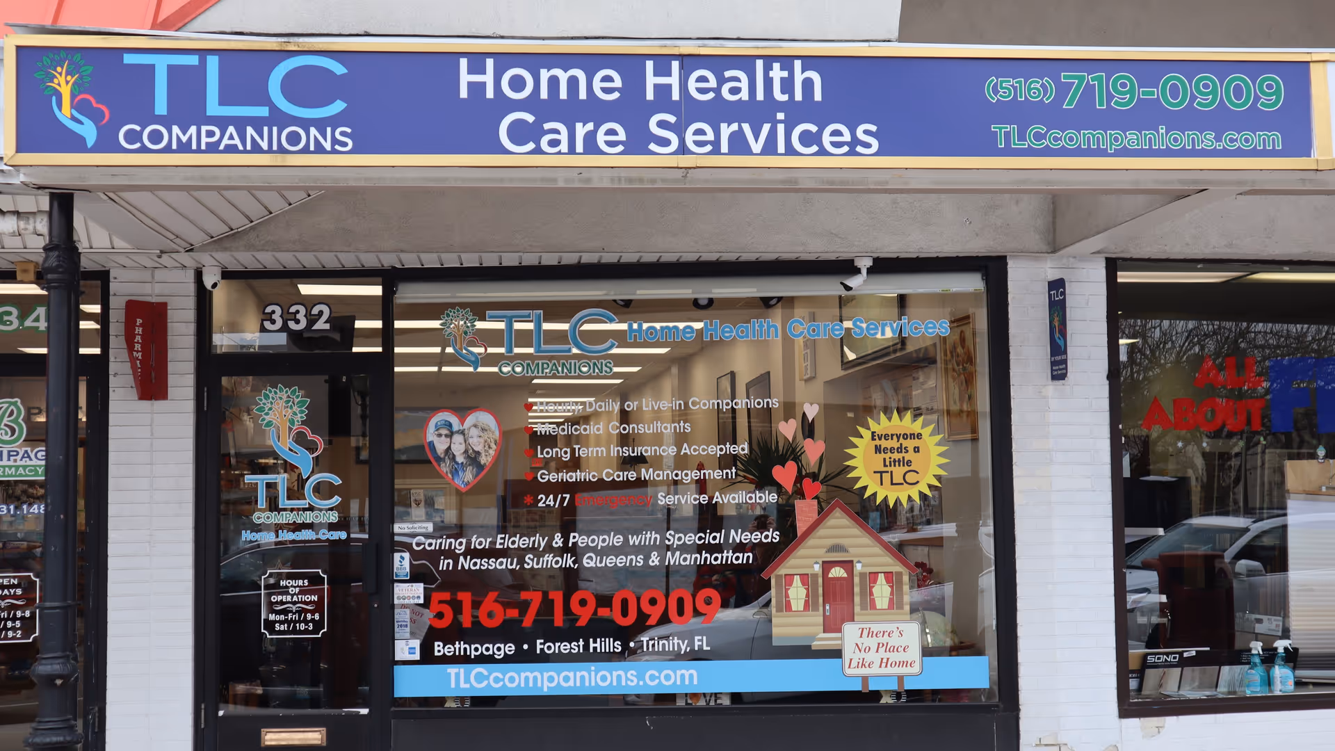 Exterior storefront for TLC Companions Home Health Care Services with blue sign and window graphics.