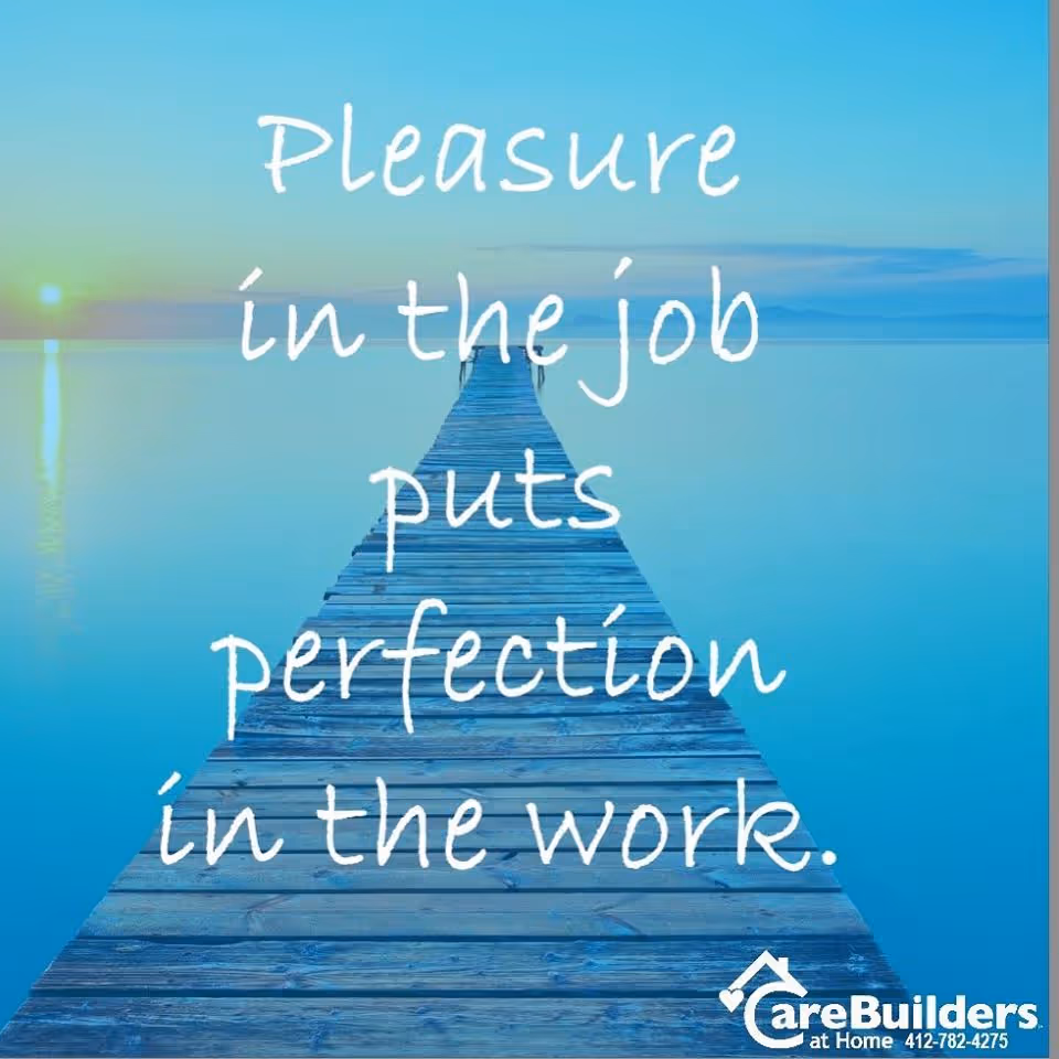 A wooden pier extends over blue water with a motivational quote and CareBuilders at Home logo.