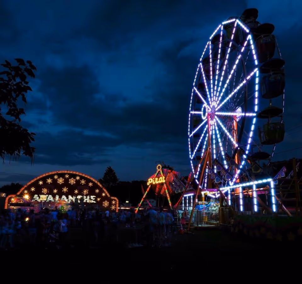 Nighttime carnival with illuminated Ferris wheel and rides against a dark sky.