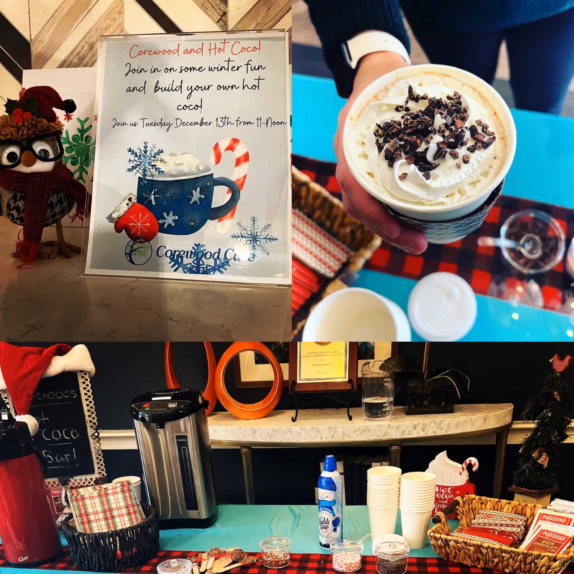 A cozy beverage station with hot cocoa sign, whipped cream drink, and festive decor indoors.