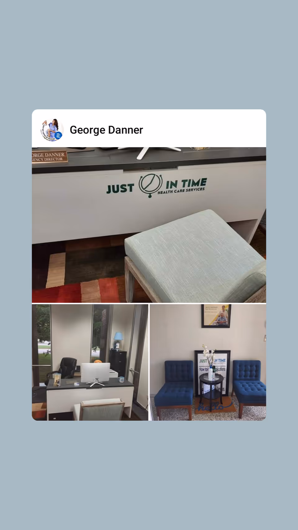Reception area featuring a desk with the Just in Time Health Care Services sign.