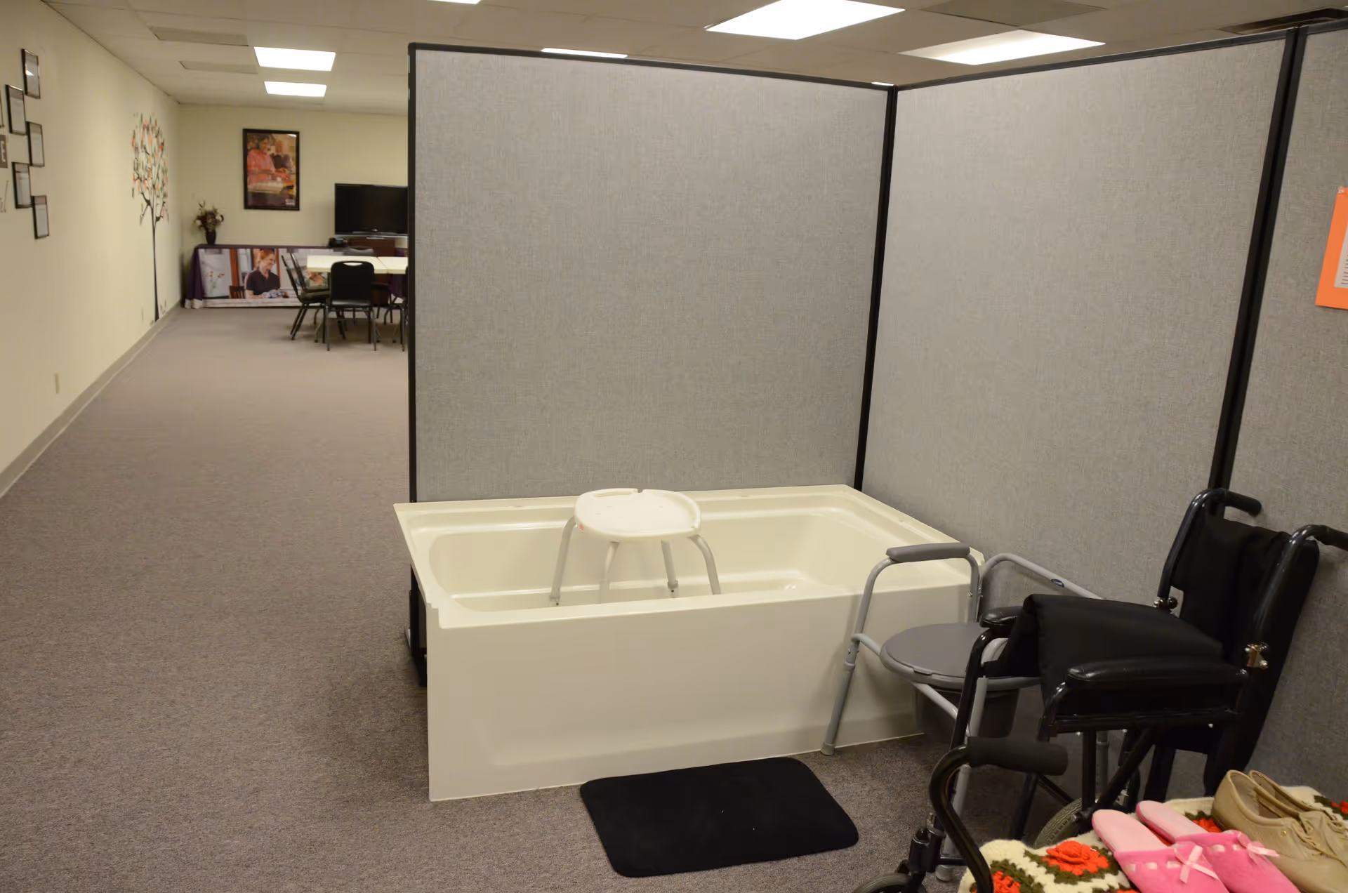 A small bathing tub and wheelchair sit in a partitioned bathroom area of a senior facility.