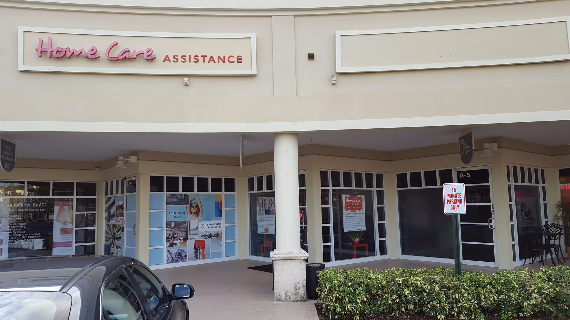 Exterior view of a senior home care facility storefront with signage