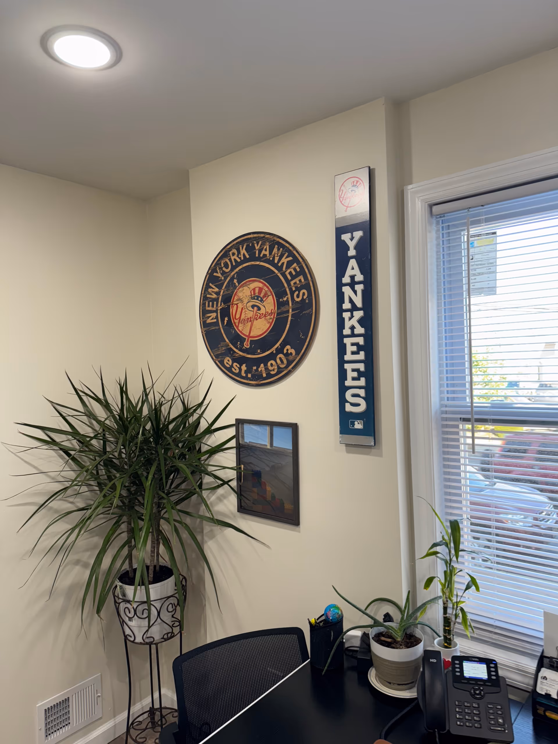 Office corner with Yankees decor, potted plant, desk, phone, and window blinds.