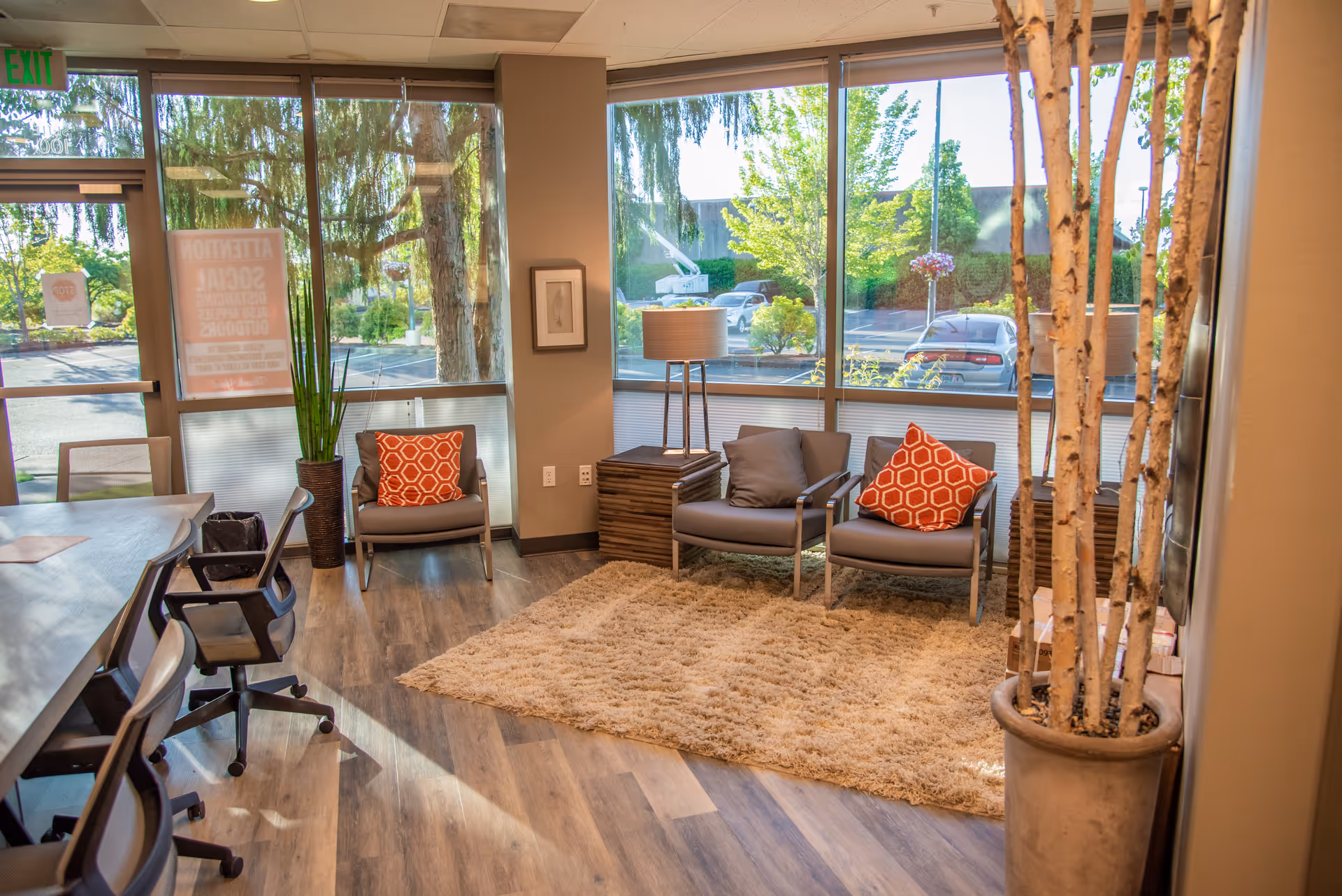 Modern hospice lounge with chairs, rug, plants, and large windows.