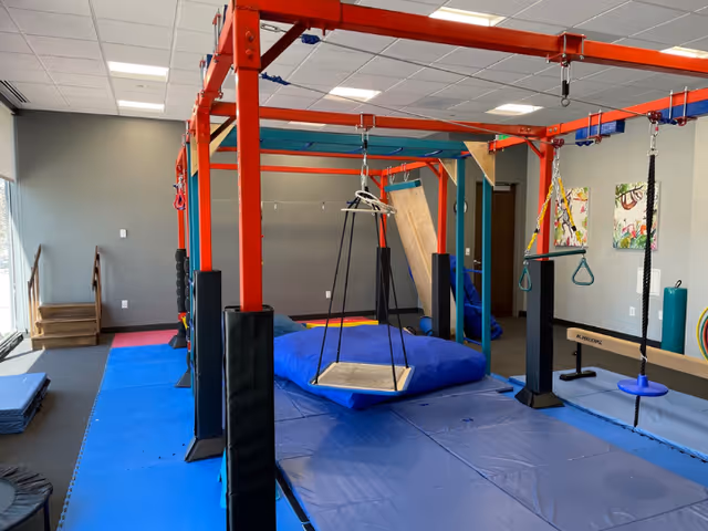 Indoor pediatric therapy gym with red steel frames, padded mats, swings, and climbing structures.