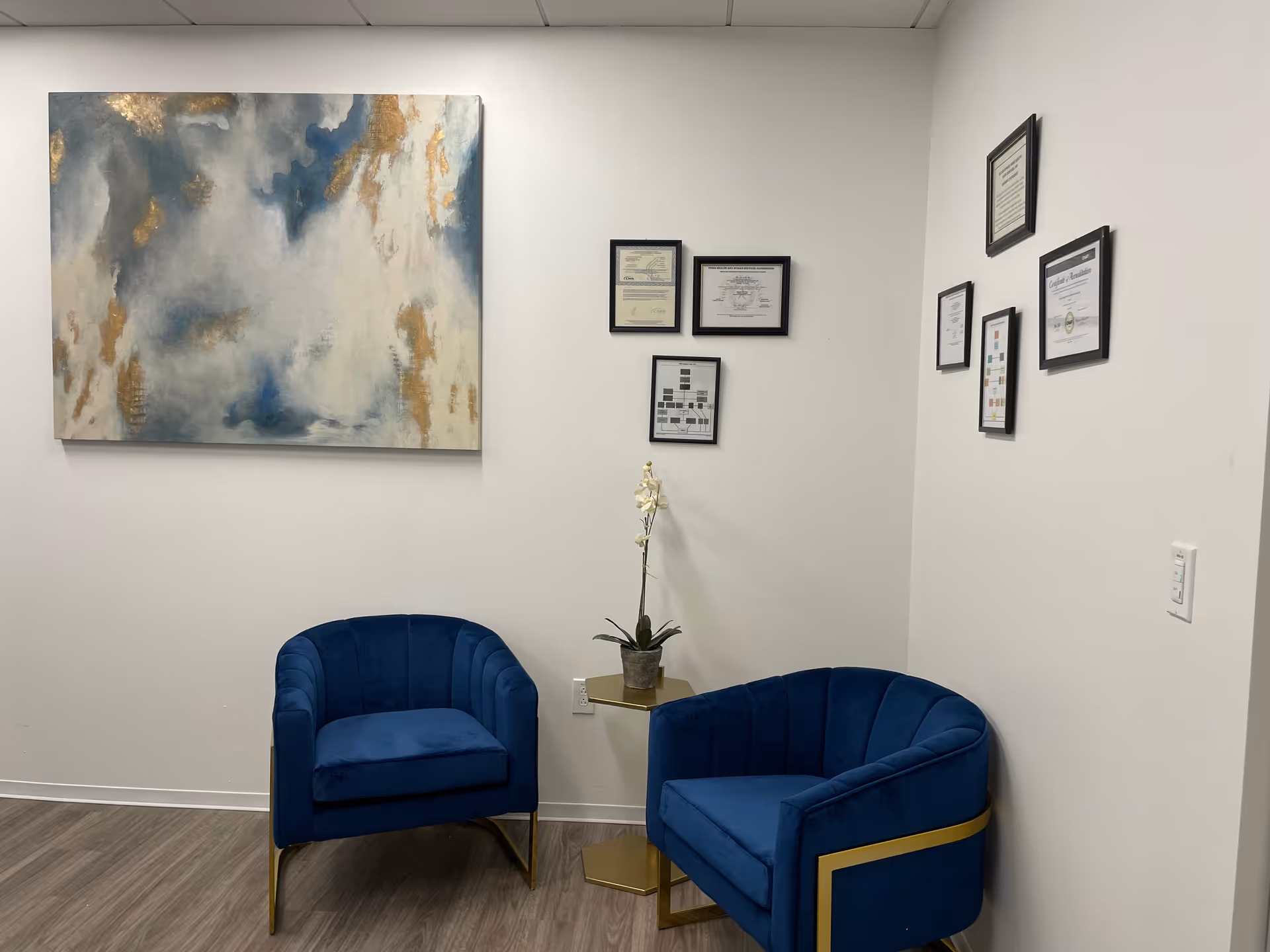 Modern waiting area with two blue velvet chairs, wall art, and framed certificates.