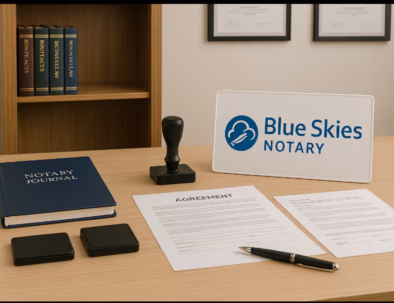 Interior office desk with Blue Skies Notary sign, documents, stamp, and pen.