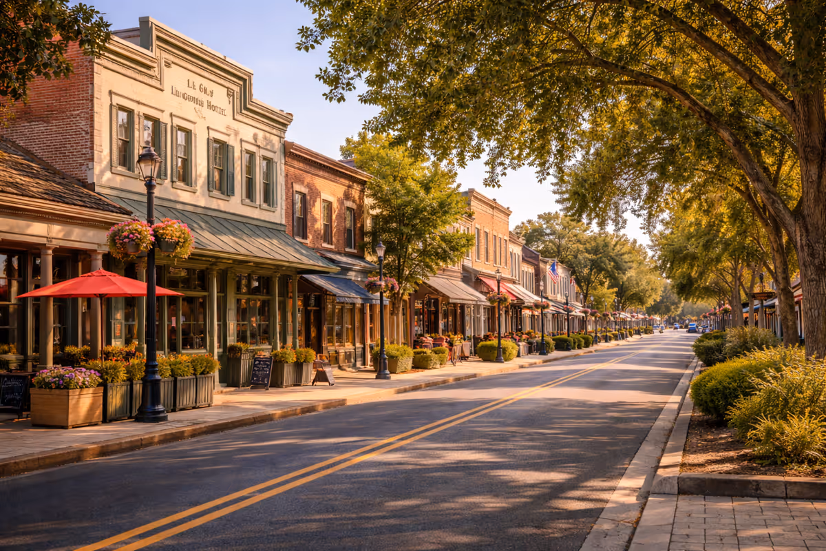 Sunny street lined with brick storefronts, outdoor seating, and hanging flower baskets.