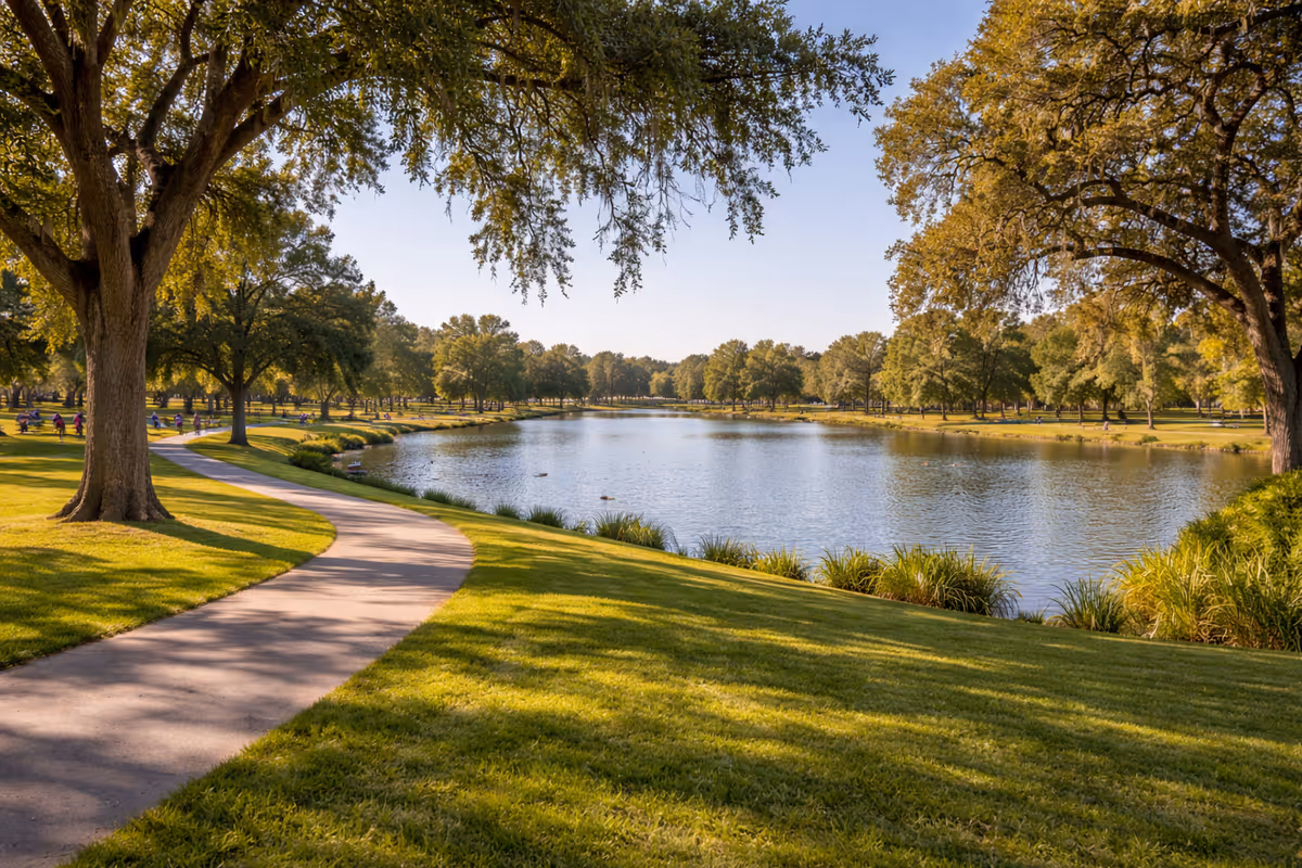 Sunlit park scene with a curved path, trees, and a lake along grassy banks.
