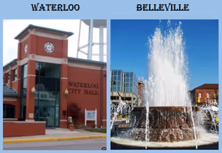 Two outdoor scenes show Waterloo City Hall and a Belleville fountain.