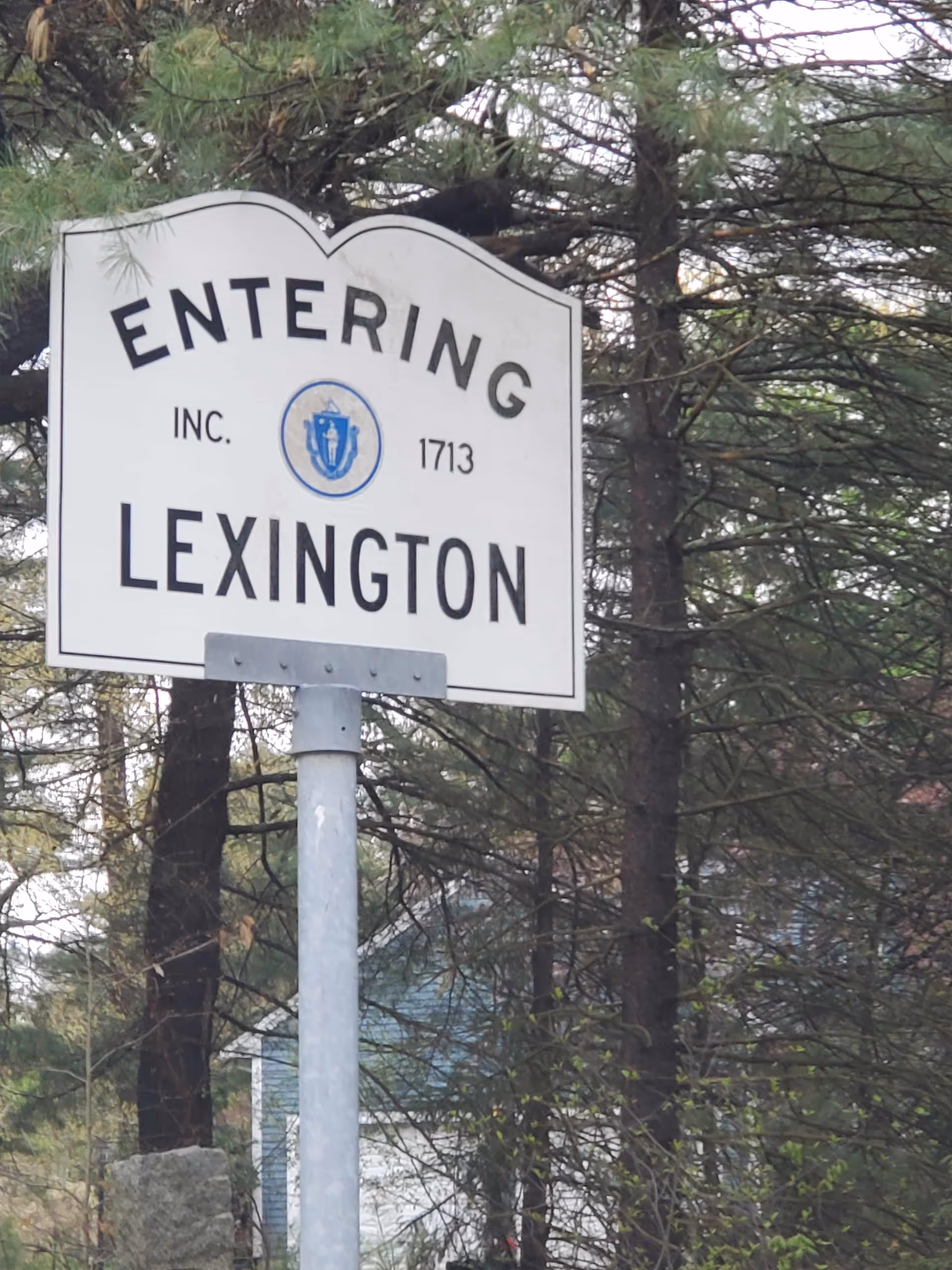 A street sign reading ENTERING LEXINGTON on a pole with trees nearby