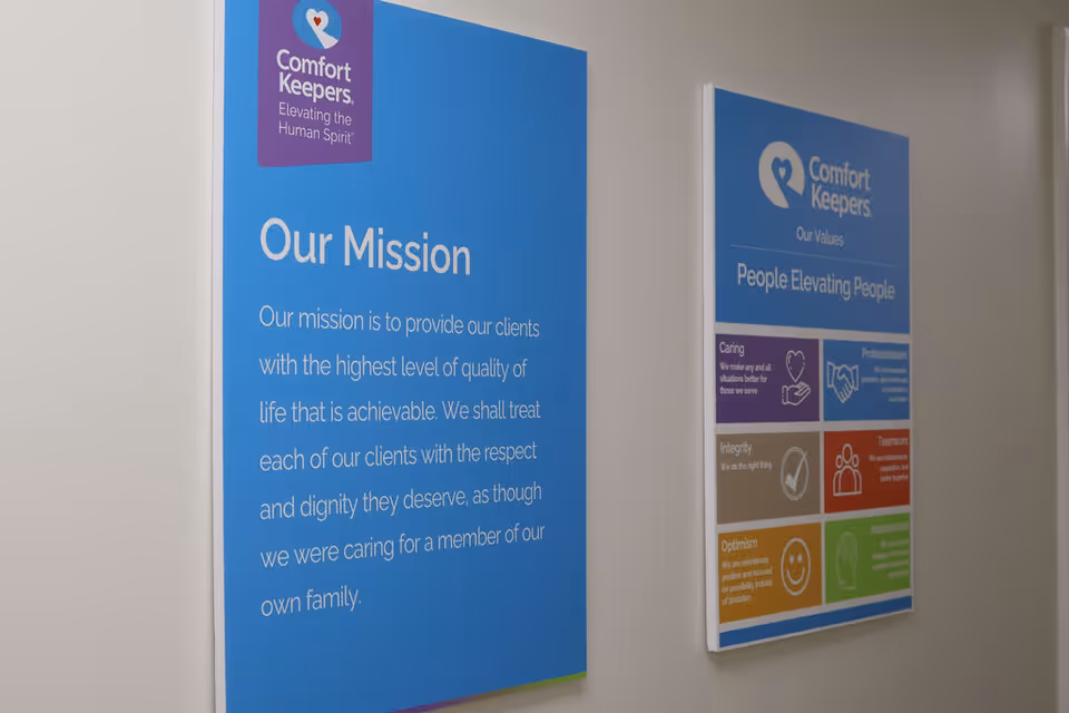 Interior wall with blue Our Mission and Values signage branded Comfort Keepers.