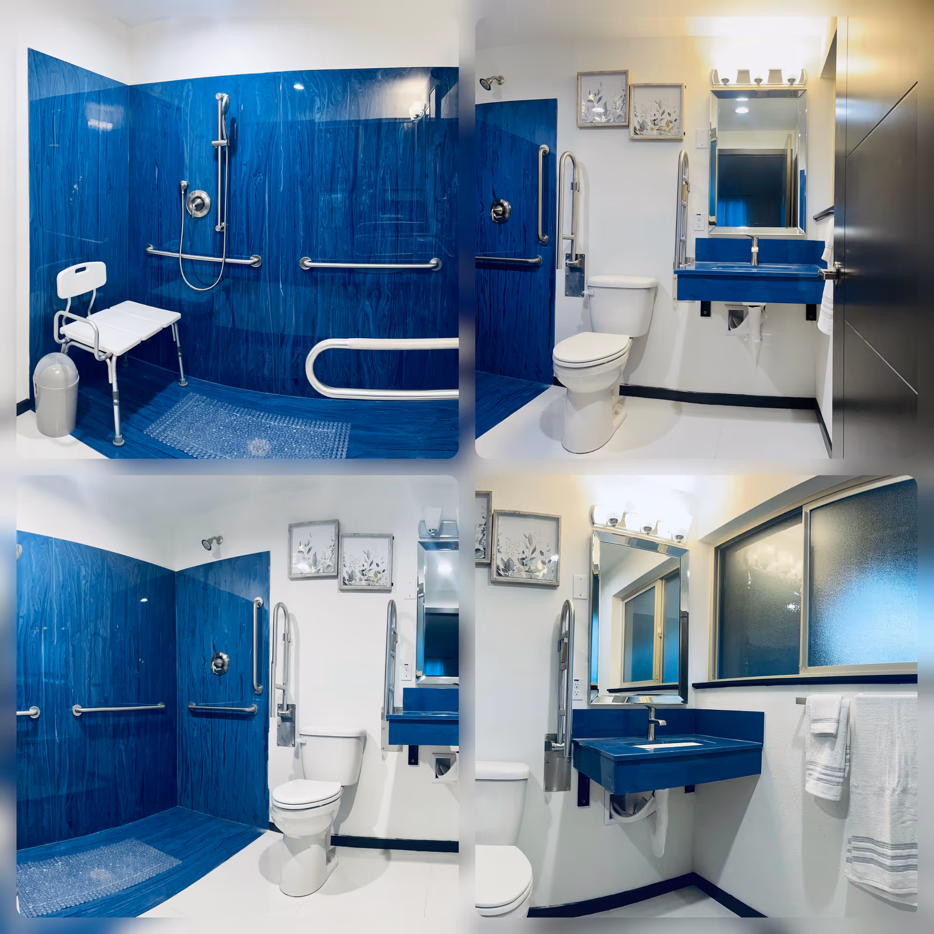 Collage of blue-accented bathrooms with accessible grab bars, sink, toilet, and shower.