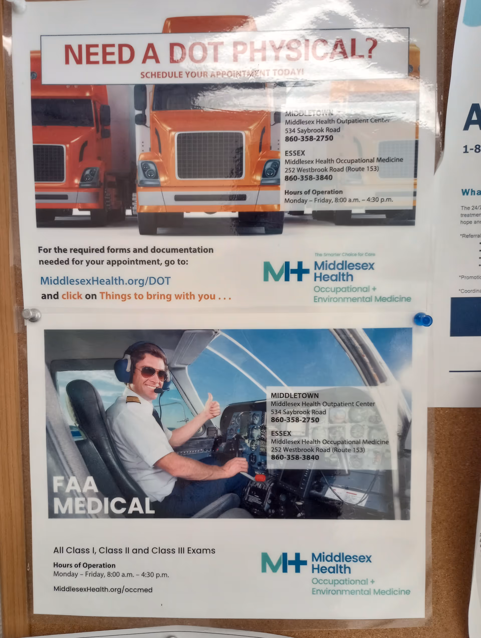 Bulletin board with Middlesex Health posters about DOT physicals and FAA medical.
