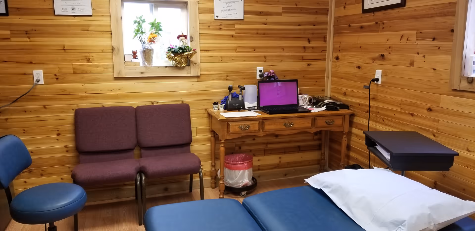 Wood-paneled exam room with laptop desk, purple seating, and a blue examination bed.