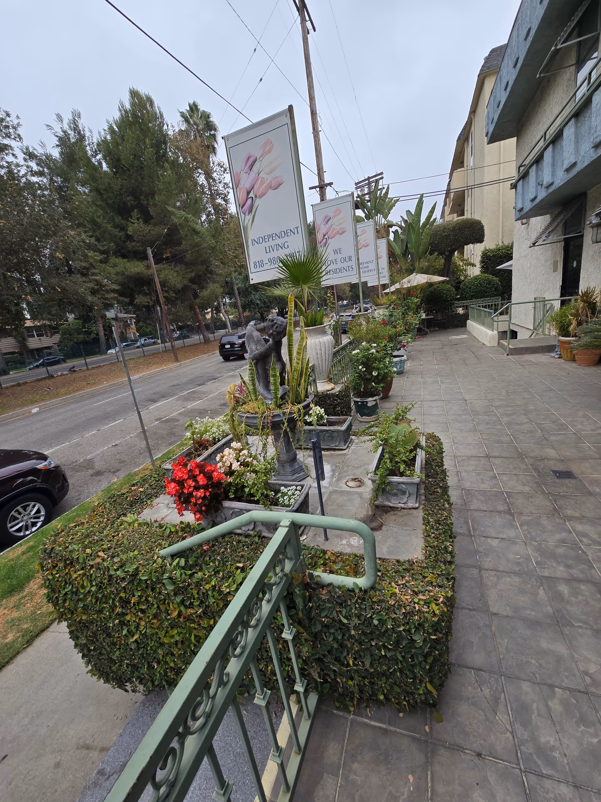 Outdoor sidewalk outside the building with potted plants, banners, and a statue.