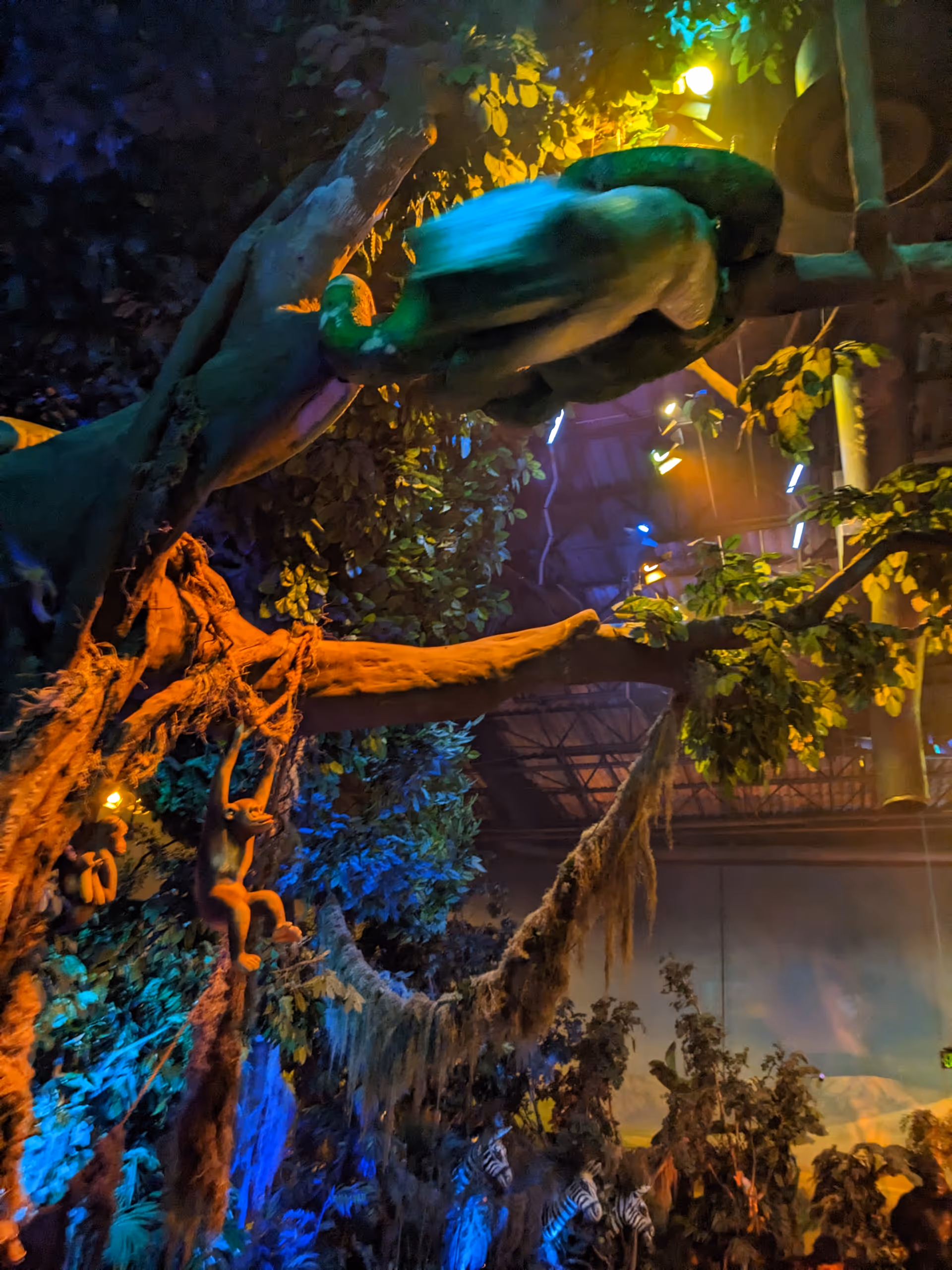 Indoor tropical exhibit with colorful lights, hanging vines, and dense foliage.