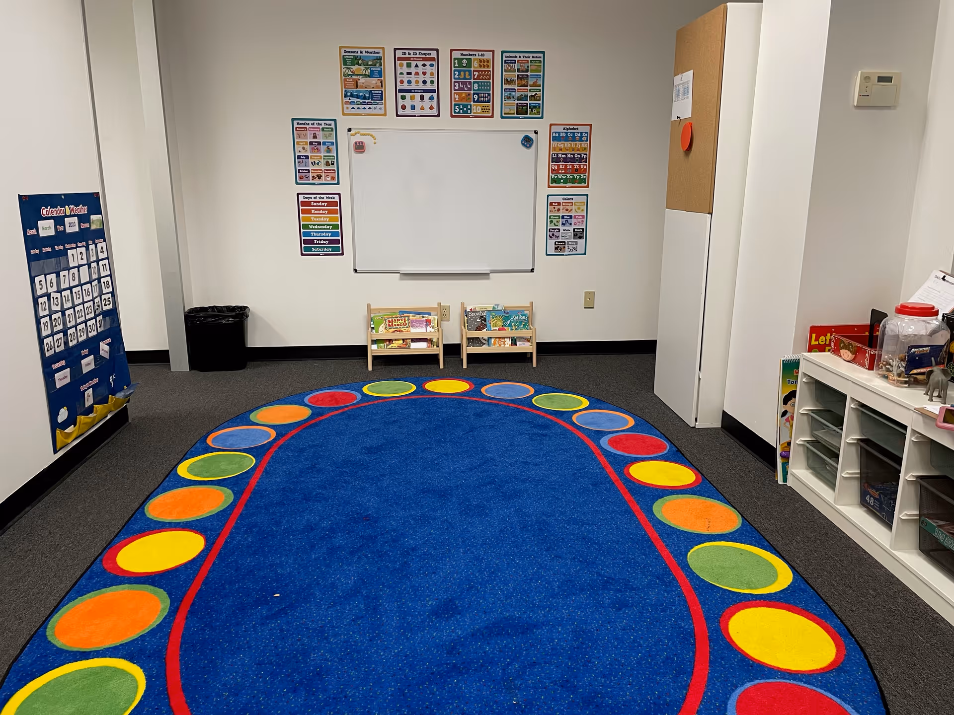 Bright activity room with a blue rug, posters, whiteboard, and shelves.