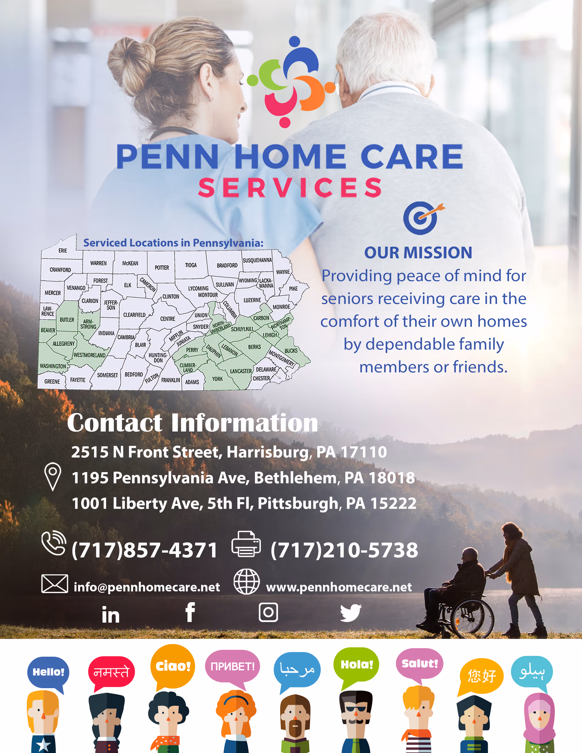 Bright Penn Home Care Services poster featuring people and a wheelchair on glass.