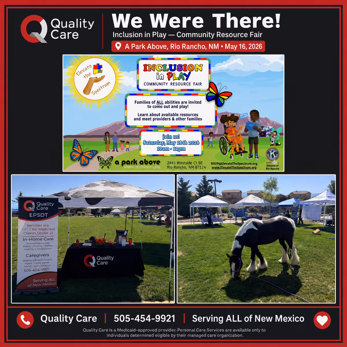 Outdoor promotional display for Quality Care with posters, tents, and a grazing pony.