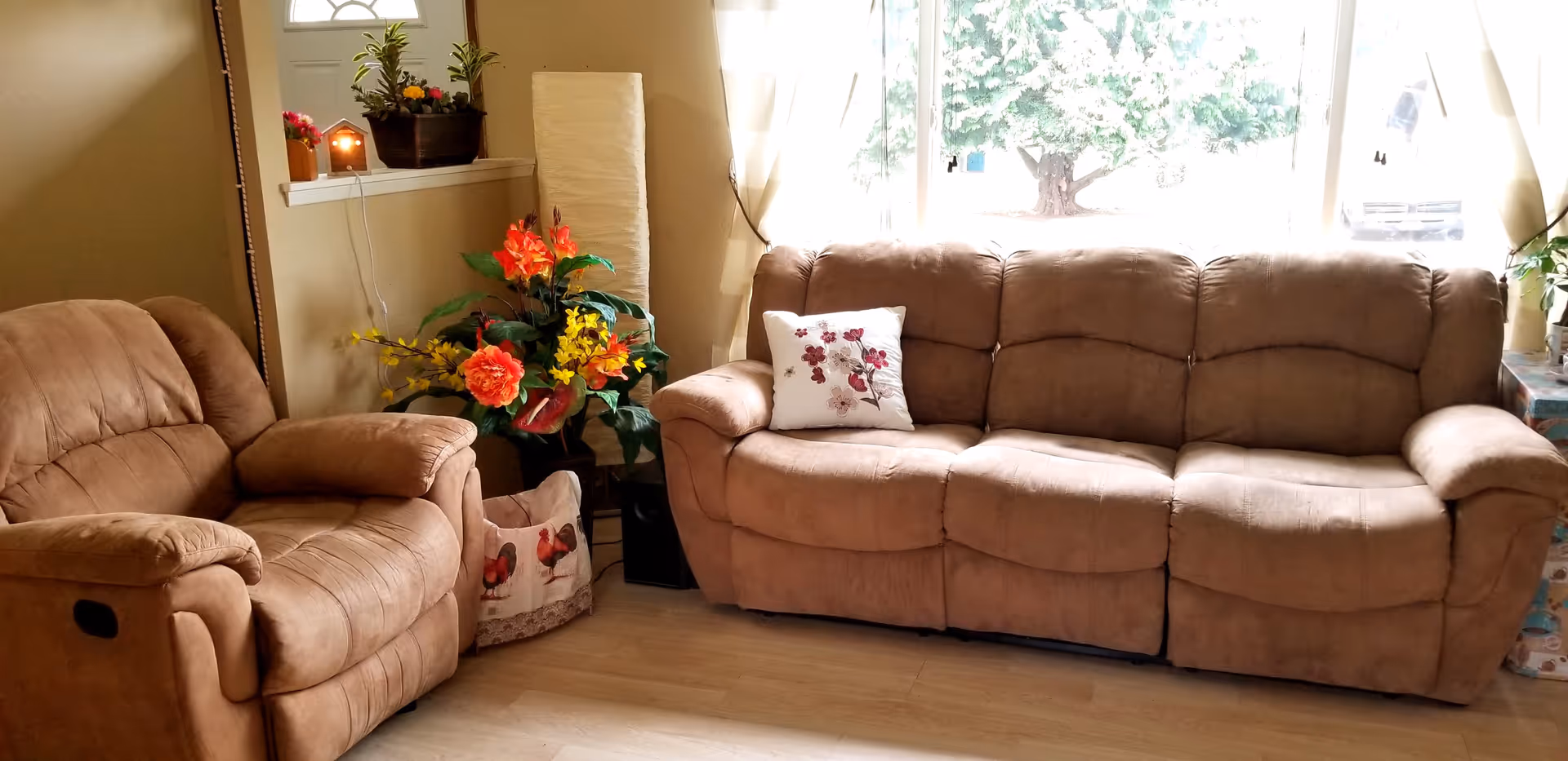 Cozy living room with a brown sofa, recliners, plants, and natural light.