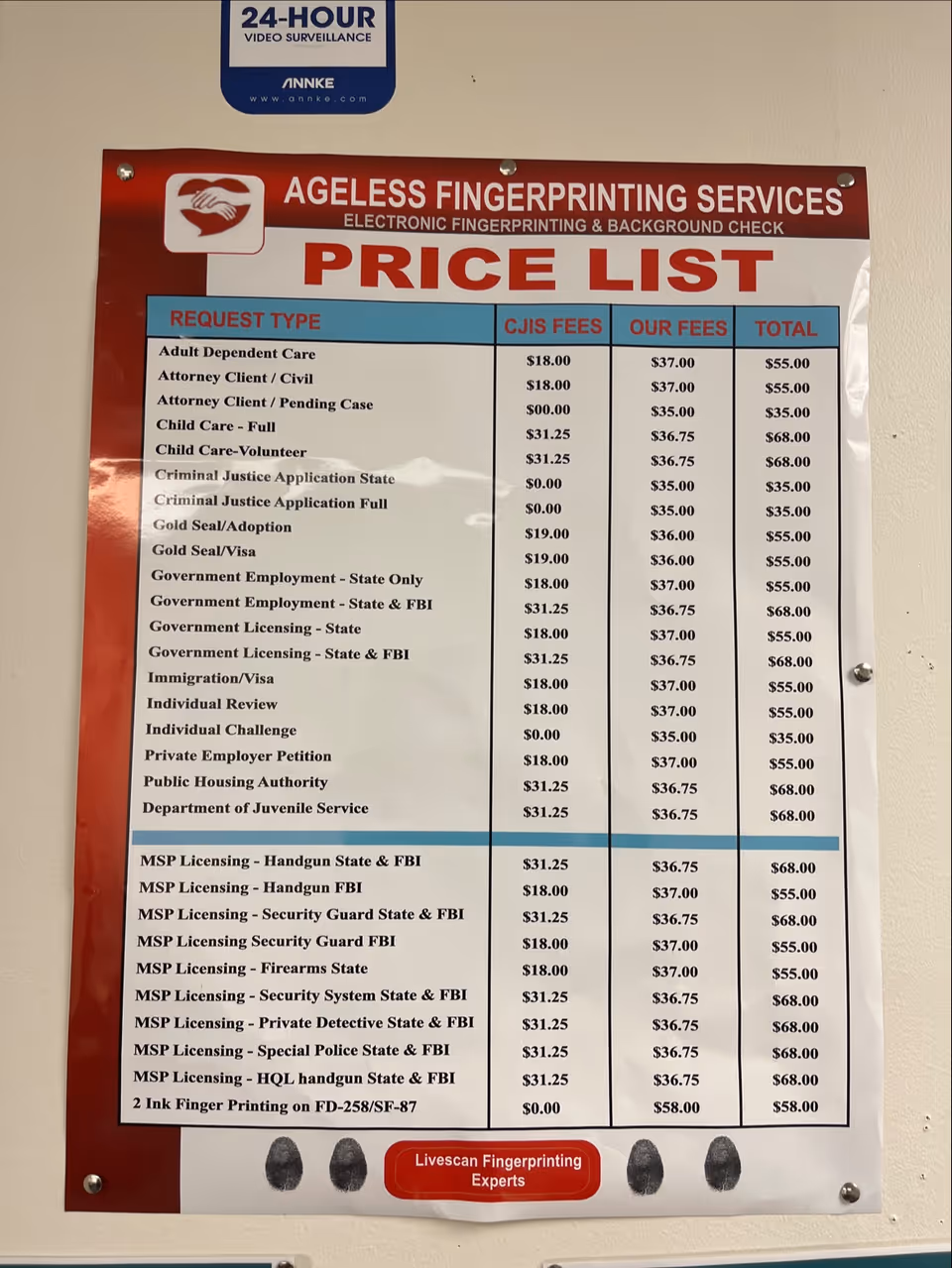 Interior wall with a red-and-white Ageless Fingerprinting Services price list poster and surveillance sticker.