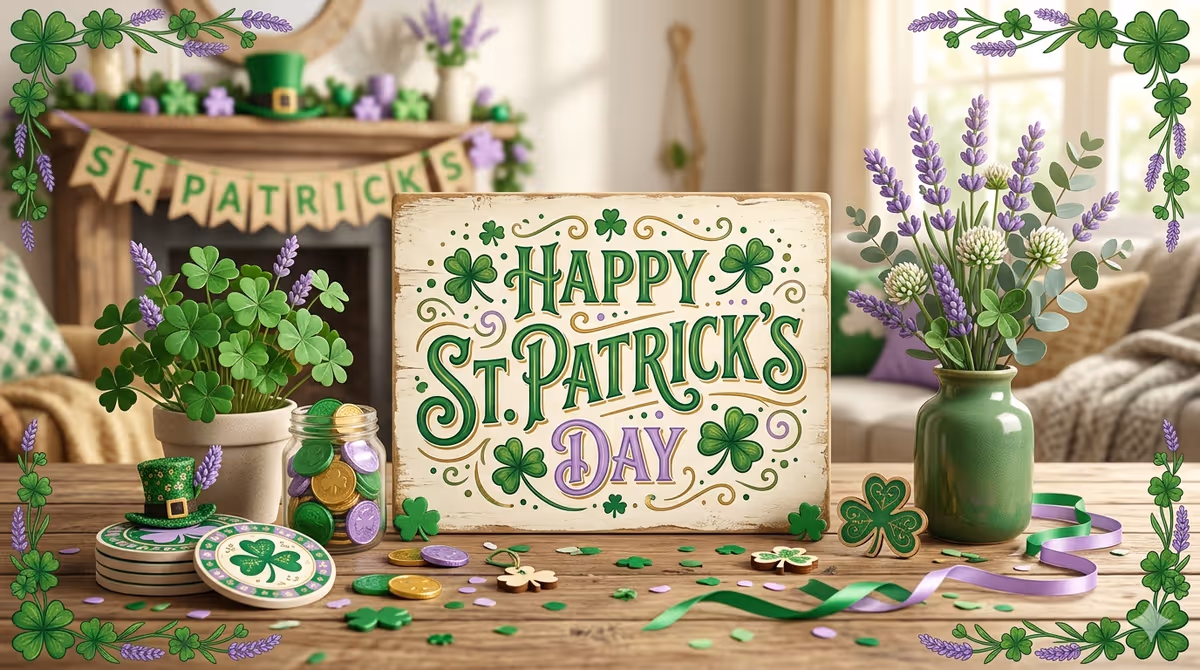 St. Patrick's Day decorations on a wooden table with a festive sign and shamrocks