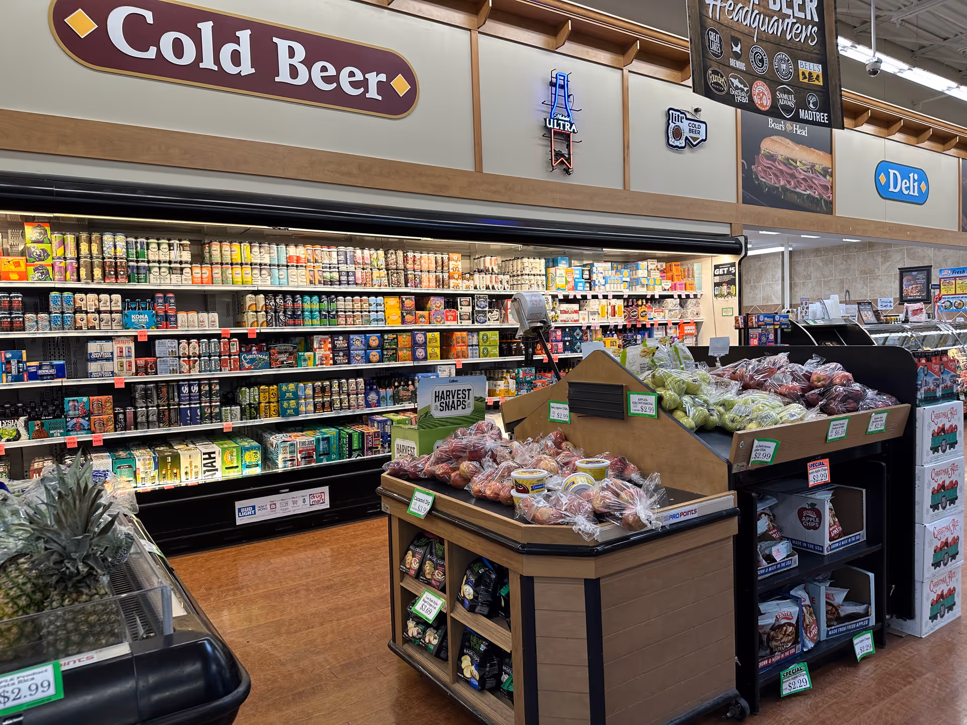 Interior view of Discount Drug Mart store with grocery shelves and produce.