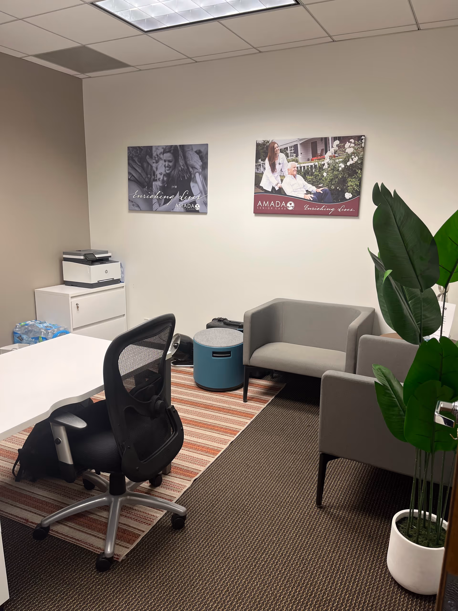 Reception area featuring desk, chair, printer, seating, posters, and potted plants.