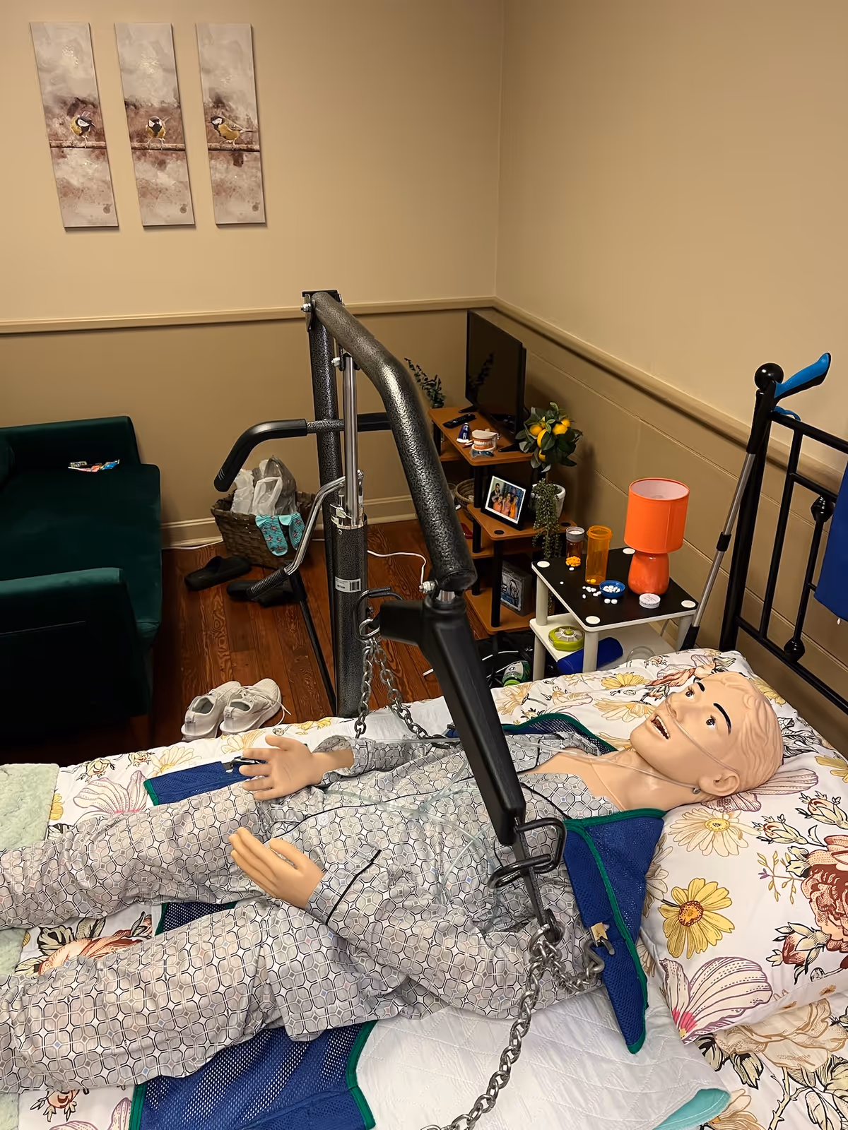 Interior of a senior care room with a hospital bed, lift device, couch, and decor.