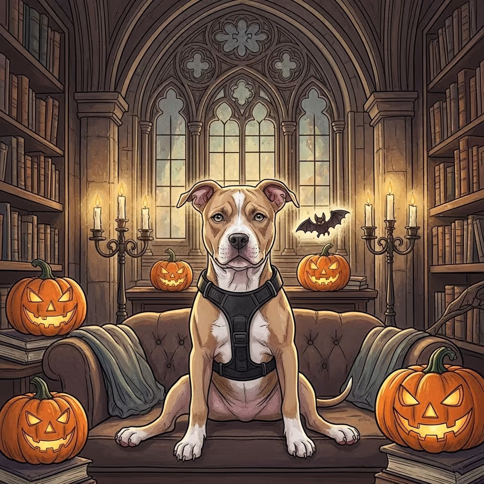 Illustrated dog in harness sits on a couch amid pumpkins and candles in a gothic library.