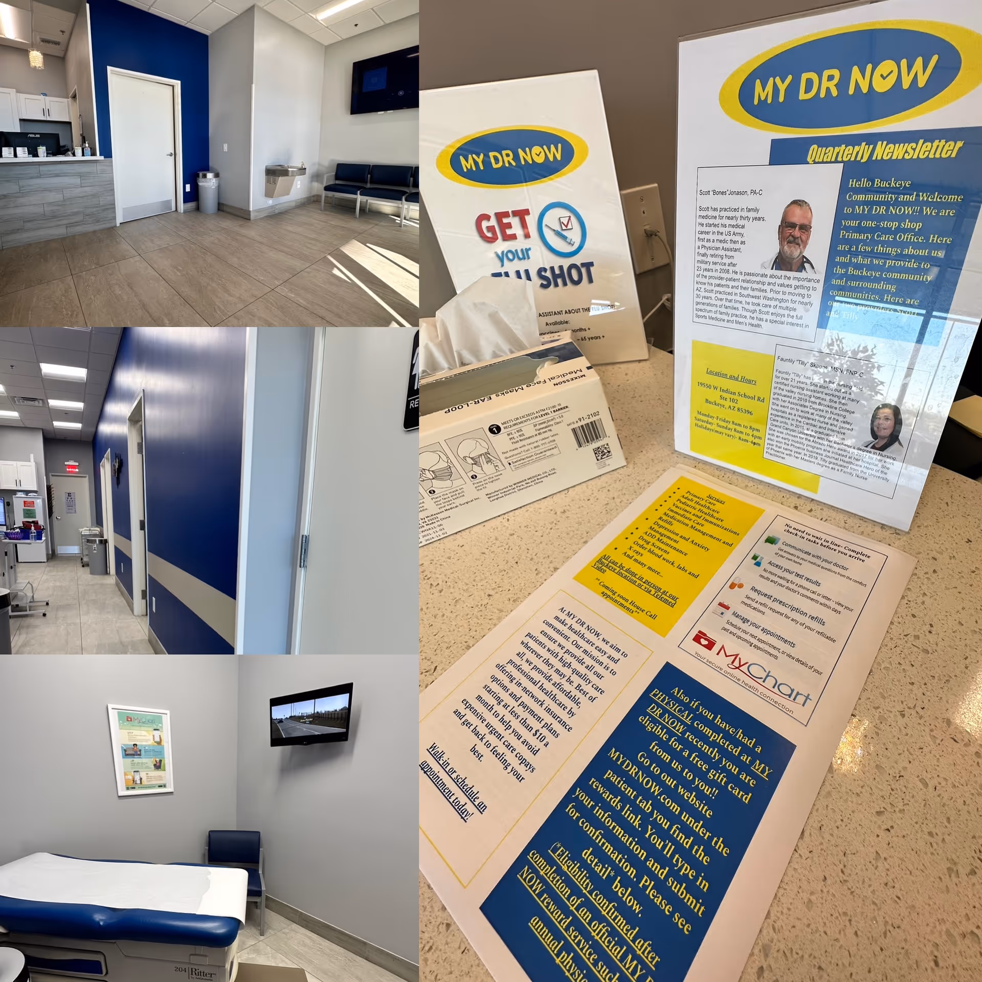 Collage of My Dr Now facility interior: waiting area, hallways, and brochures on display.