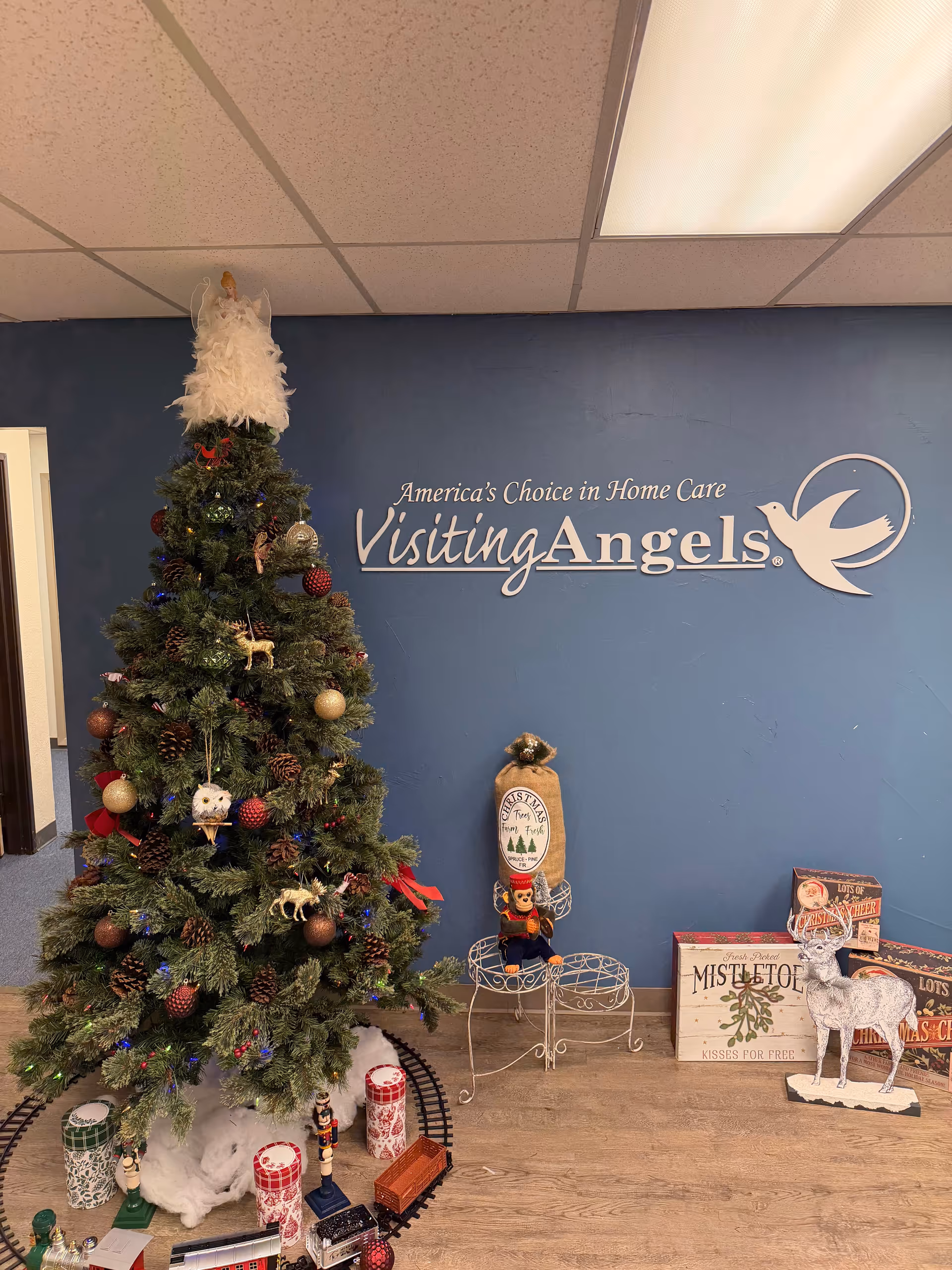Decorated Christmas tree indoors beside a blue wall and Visiting Angels logo