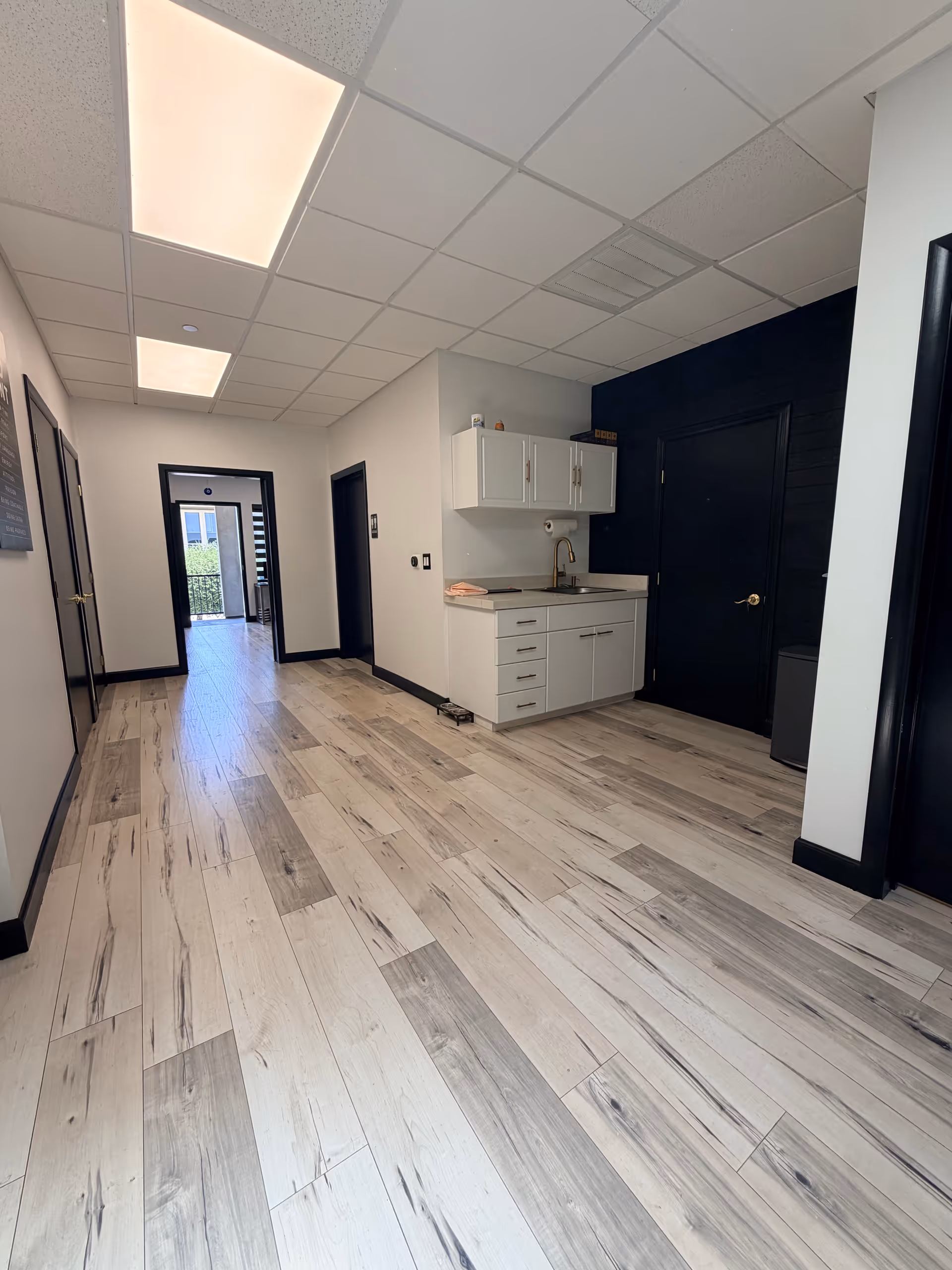 A clean interior hallway featuring a kitchenette with sink and white cabinets.