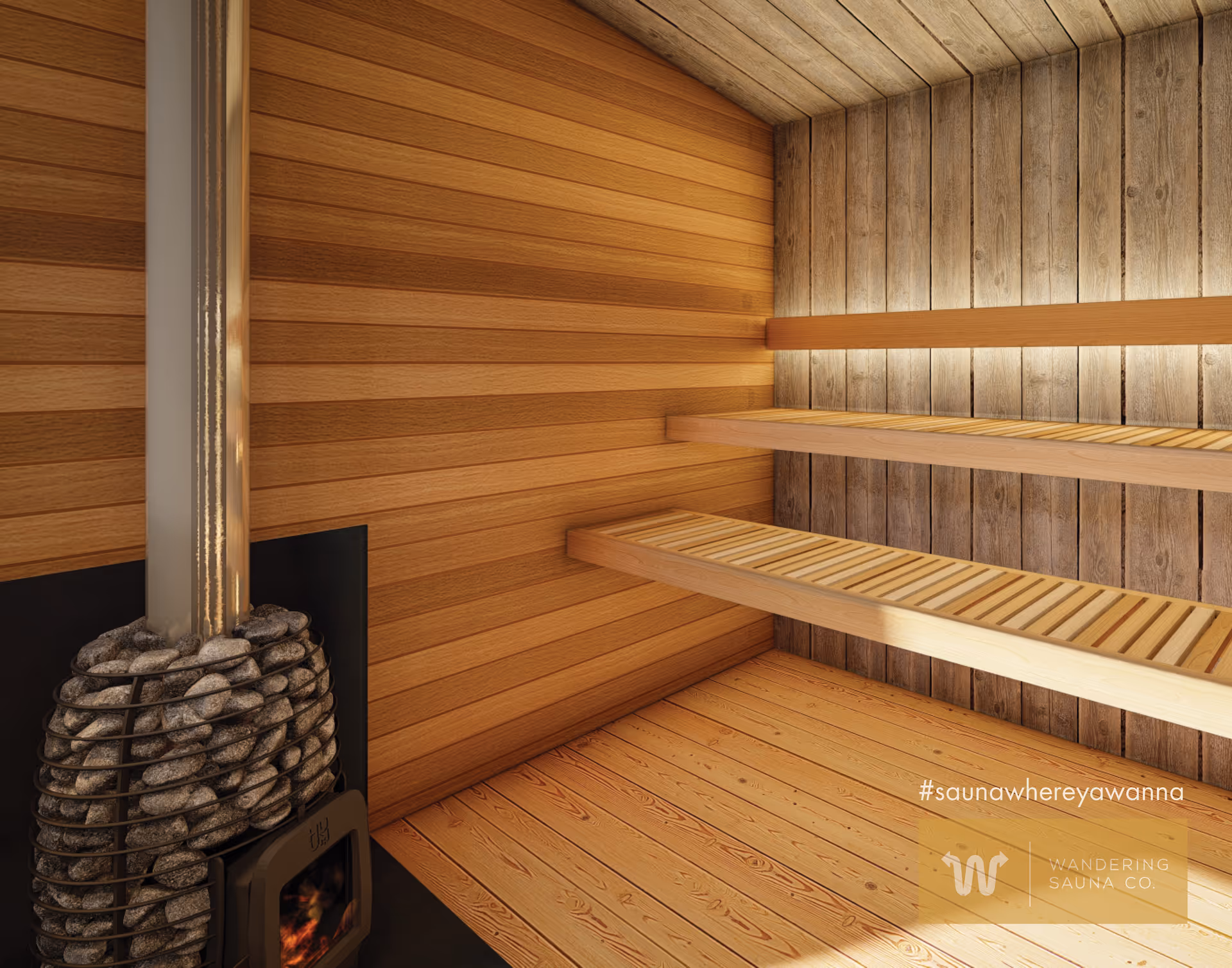 Wood-paneled sauna interior with two-tier wooden benches and a stone heater.