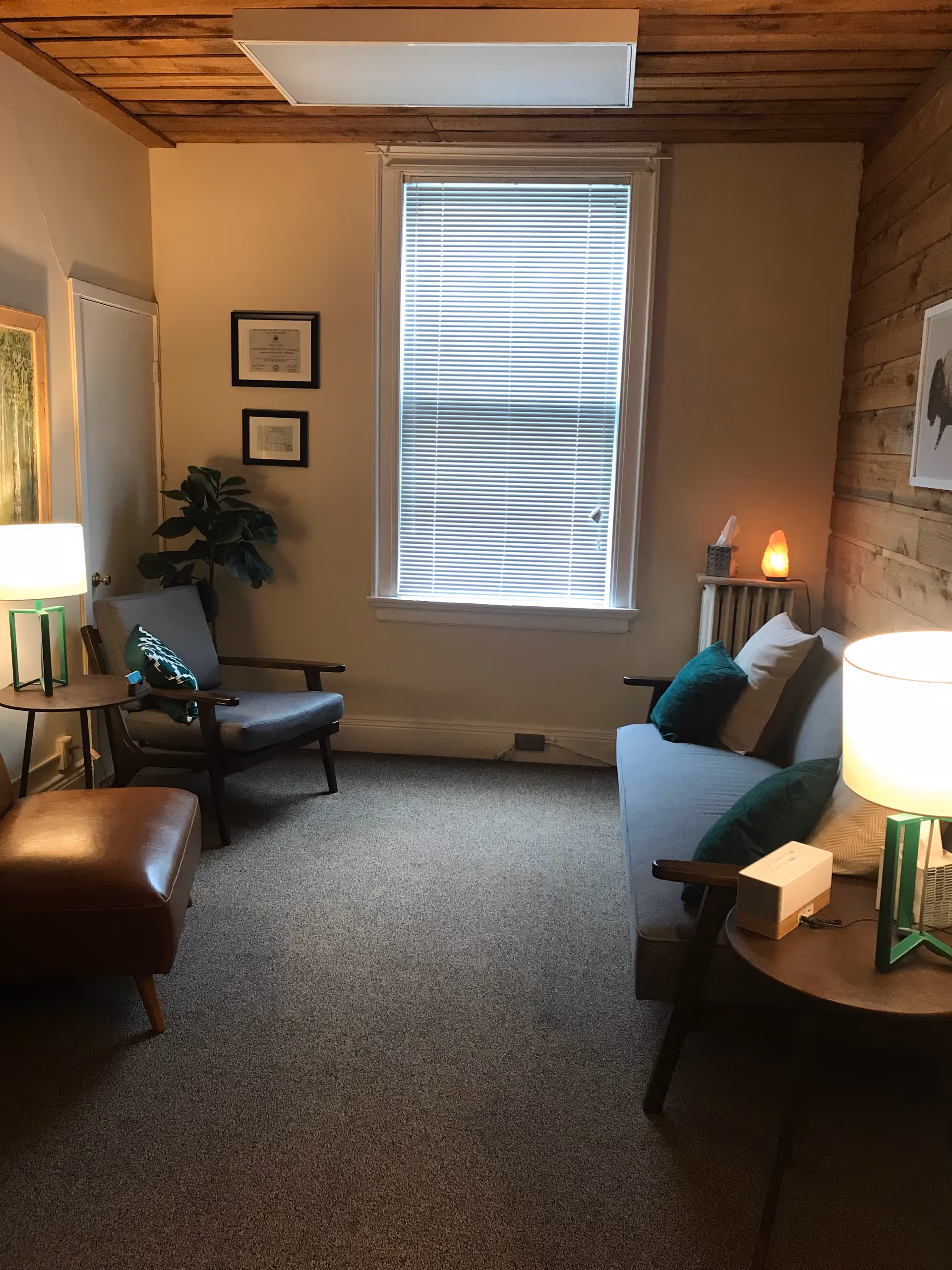 Cozy living room in a senior facility with sofa, chairs, plant, and a window.