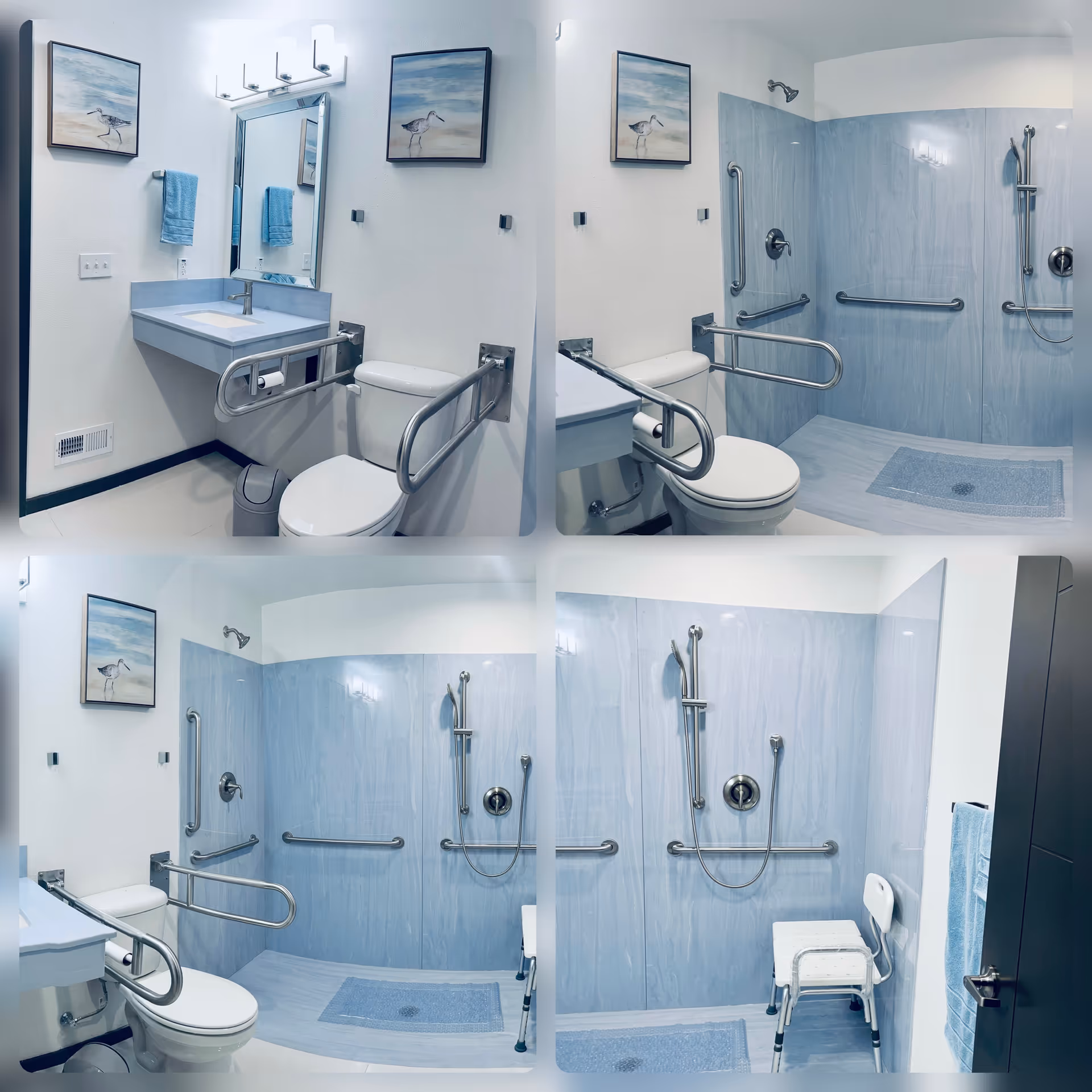 Accessible bathroom featuring blue-tiled showers, grab bars, sink, and toilet in a care facility.