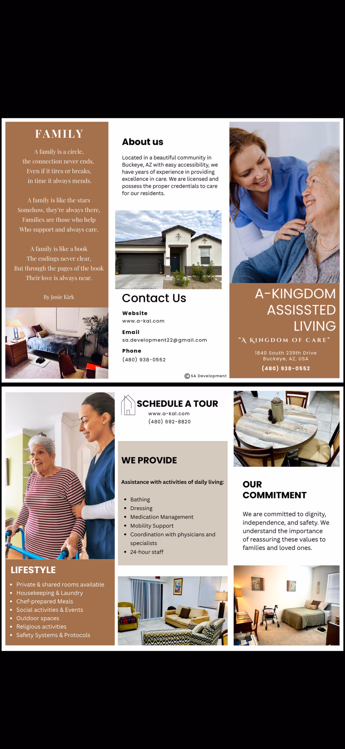 A multi-panel brochure for A-Kingdom Assisted Living showing staff, residents, and interior spaces.