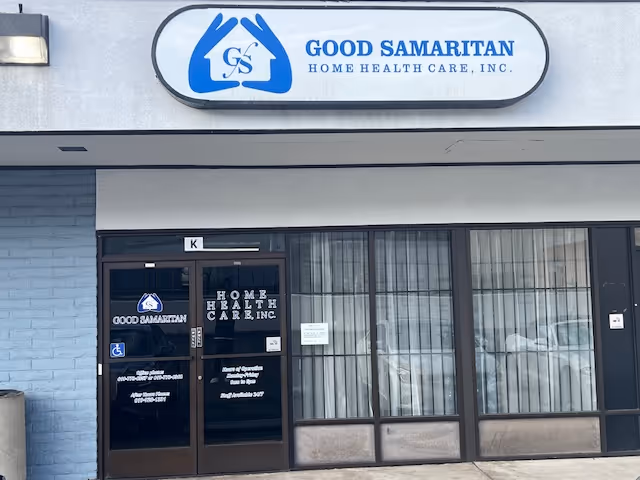 Front exterior of Good Samaritan Home Health Care, Inc. storefront with sign and windows.