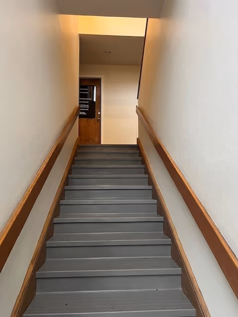 Narrow indoor stairwell with grey steps and wooden handrails leading to a door