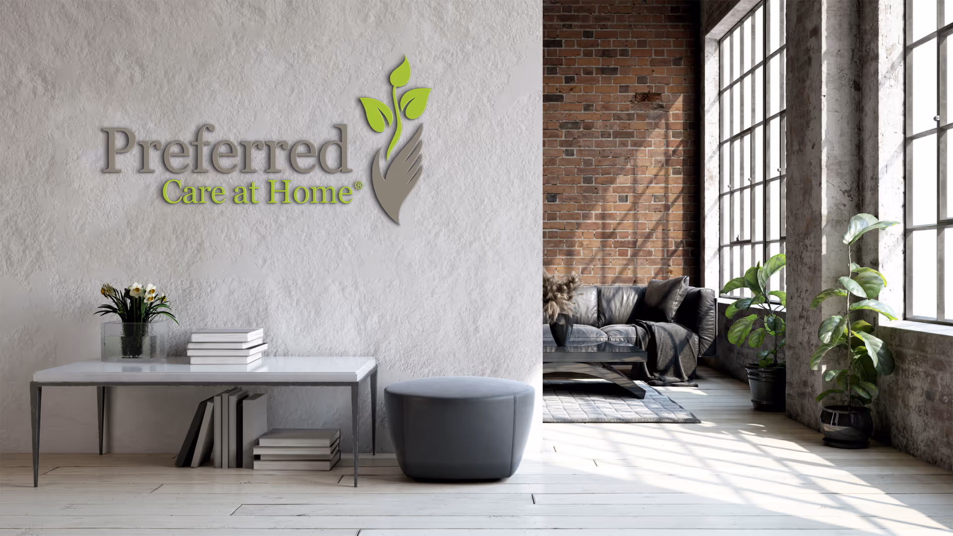 Lobby reception area with logo, modern seating, brick wall, large windows, and plants.
