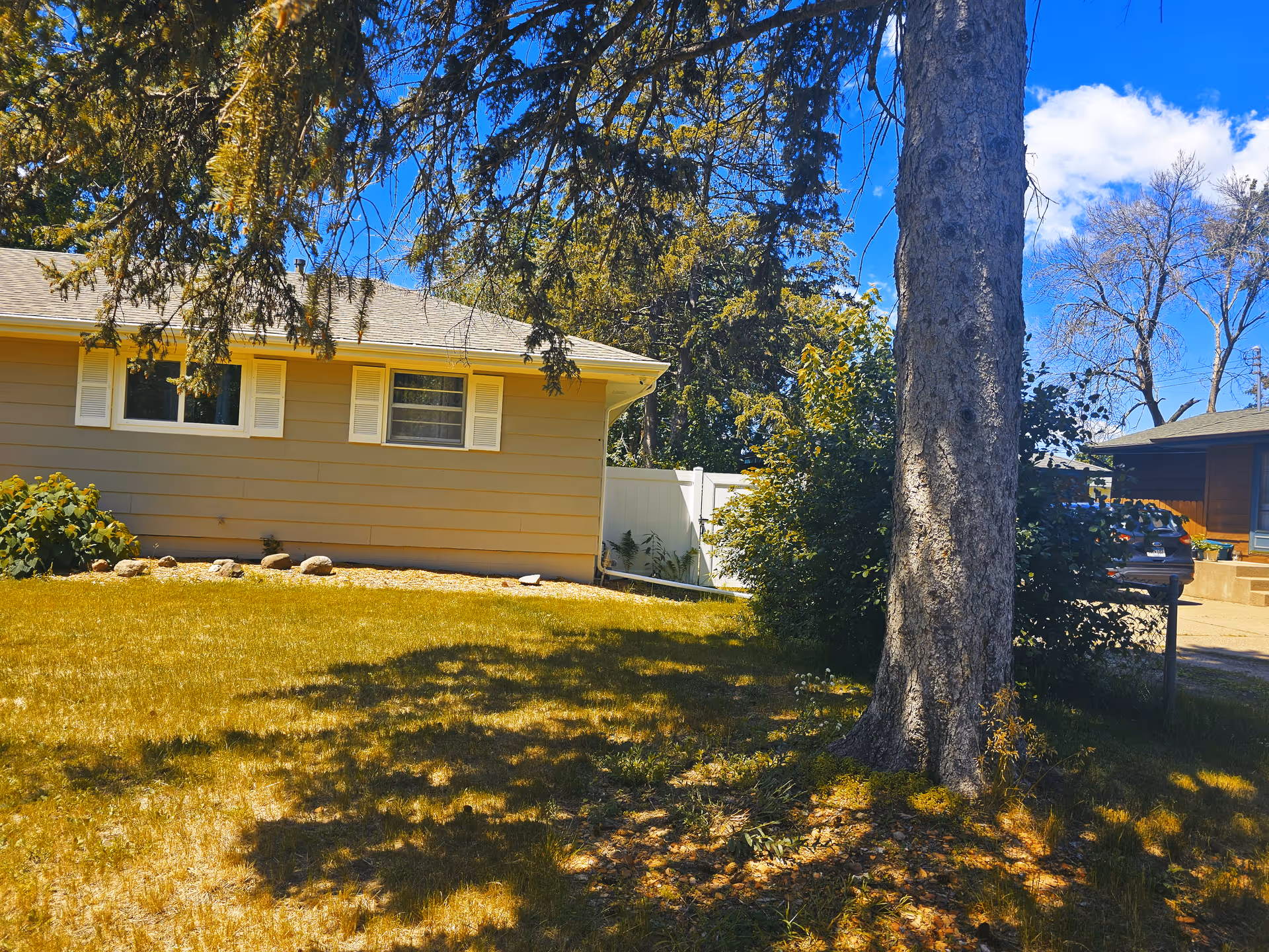 Beige single-story house exterior with a grassy yard and a large tree against a blue sky