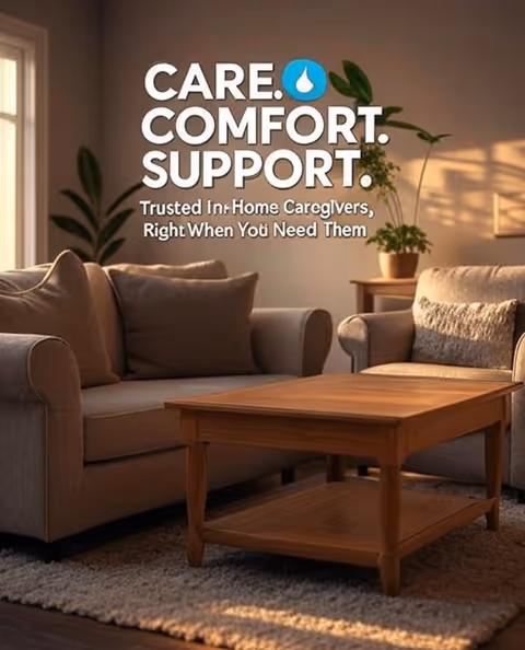 Cozy living room with beige couches, a wooden coffee table, plants, and a care services overlay.